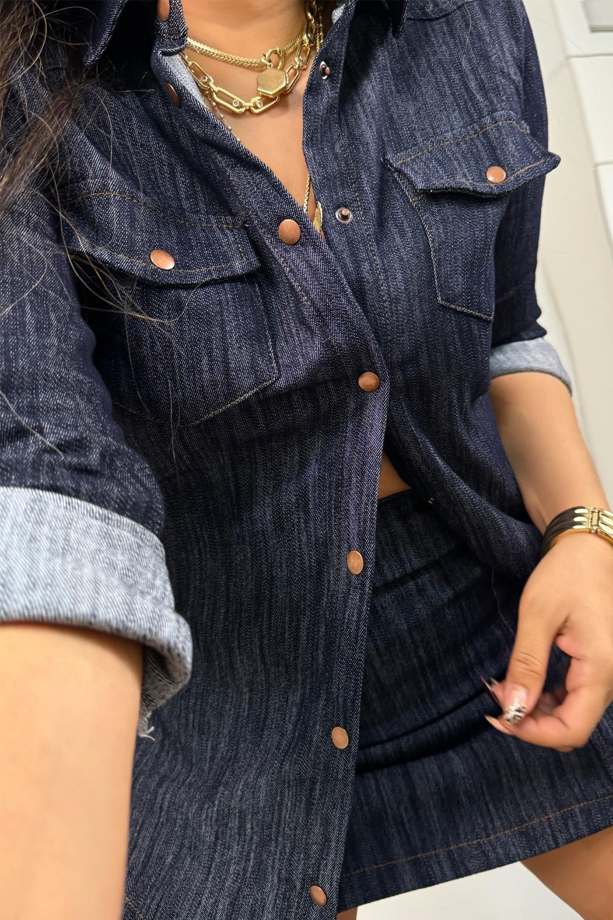 Likralı Jean Şort Etek Lacivert