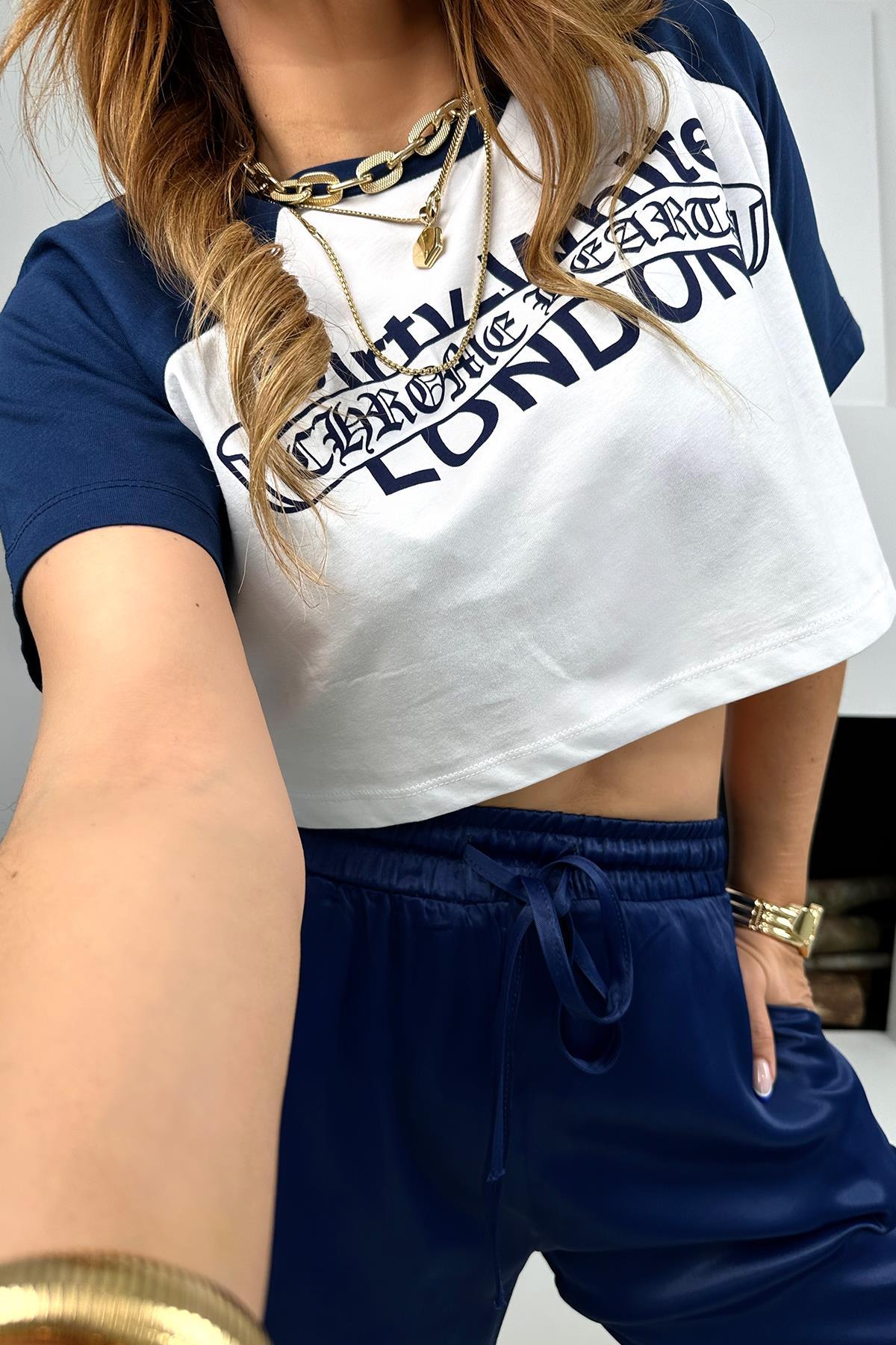 London Crop Tshirt Lacivert-Beyaz