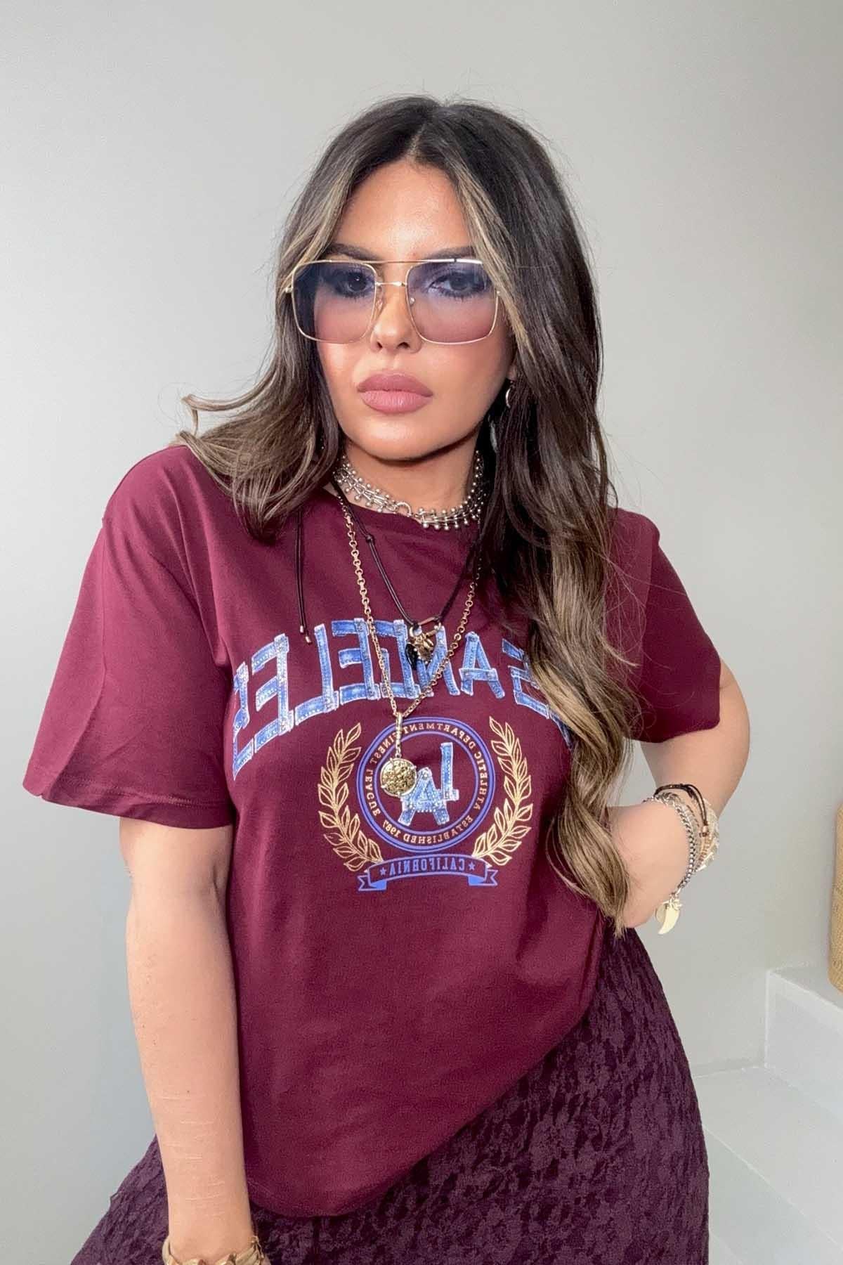 Los Angeles Taşlı Yazı Detay Tshirt Bordo