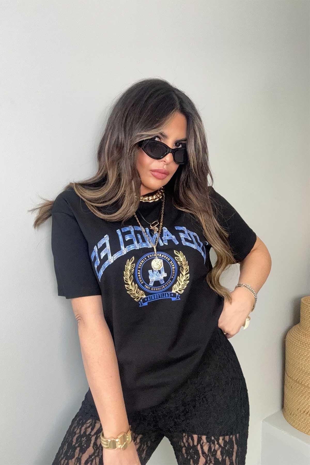 Los Angeles Taşlı Yazı Detay Tshirt Siyah