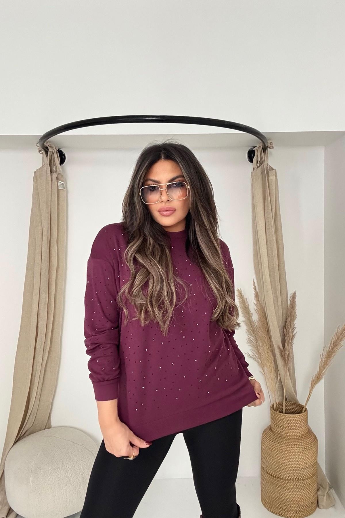 Marka Model Taşlı Modal Sweatshirt Bordo