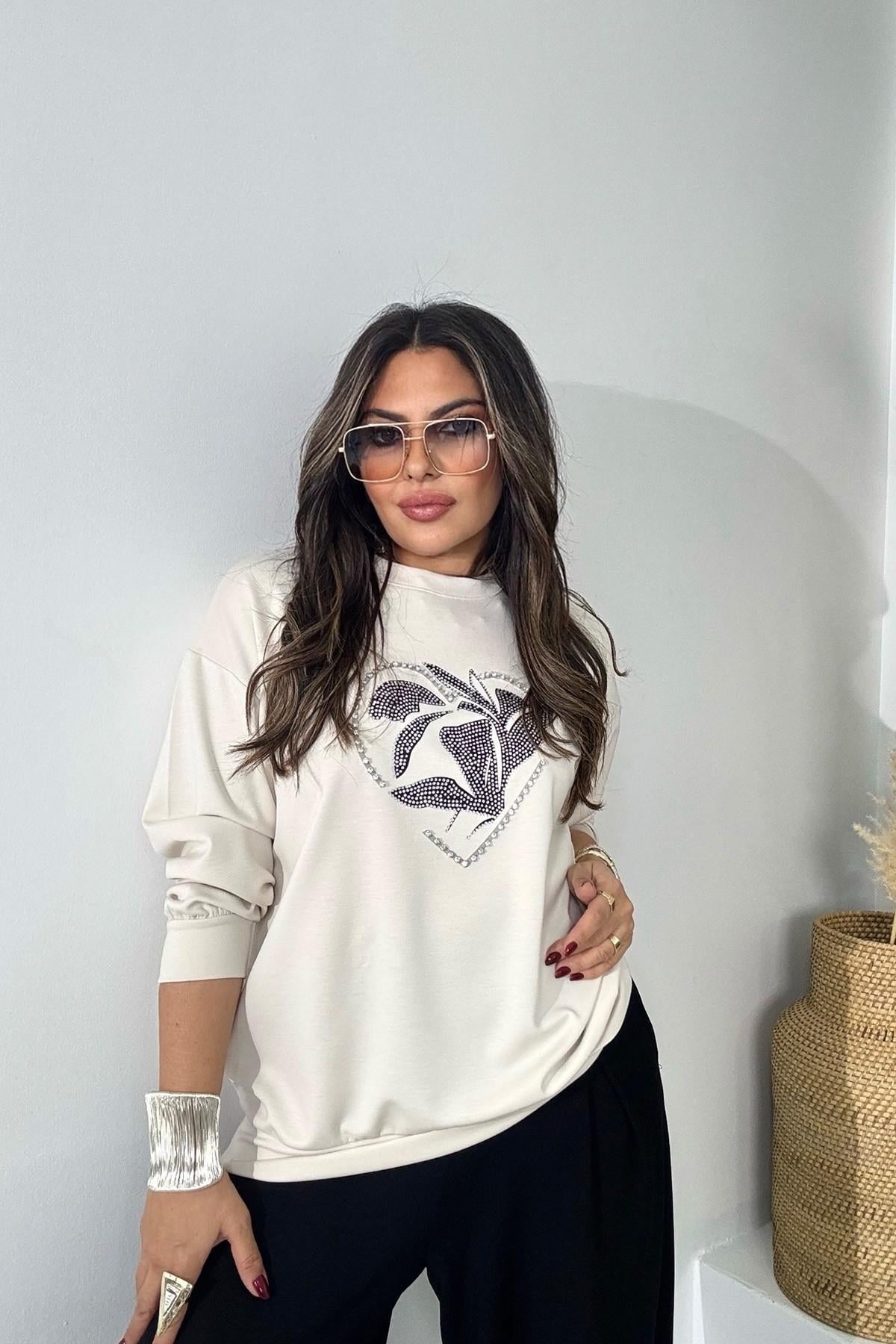 Marka Model Taşlı Yaprak Desen Sweatshirt Bej
