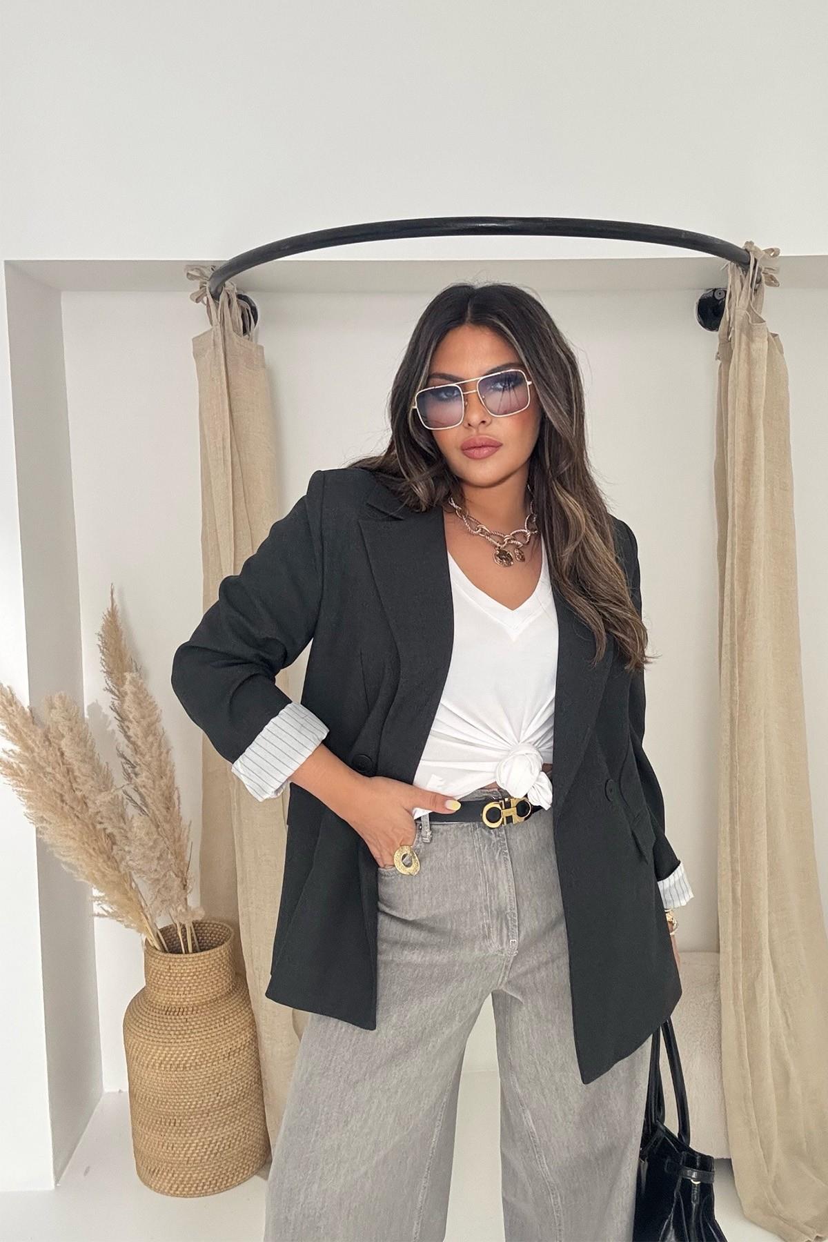 Mass Çizgili Astarlı Blazer Ceket Füme