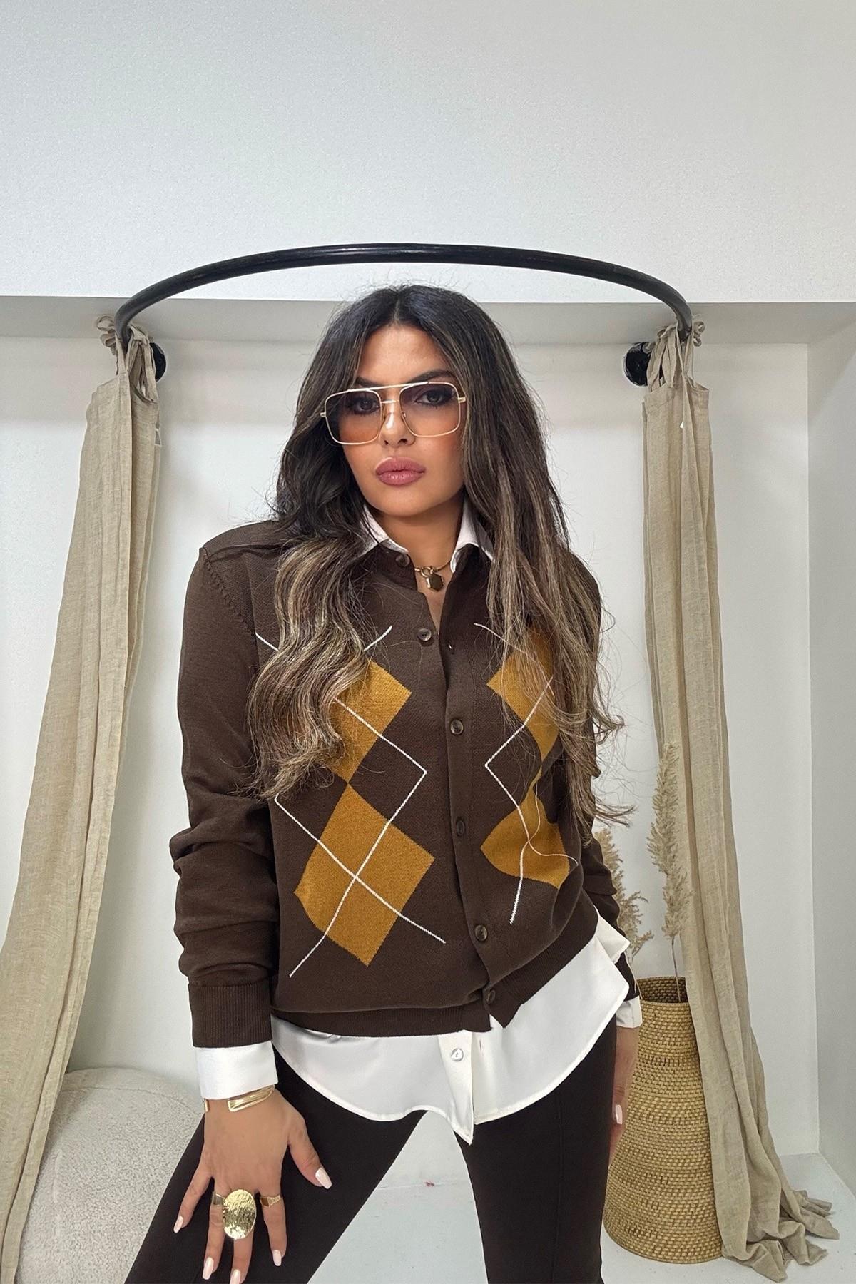 Massi Model Baklava Desen Hırka Acı Kahve