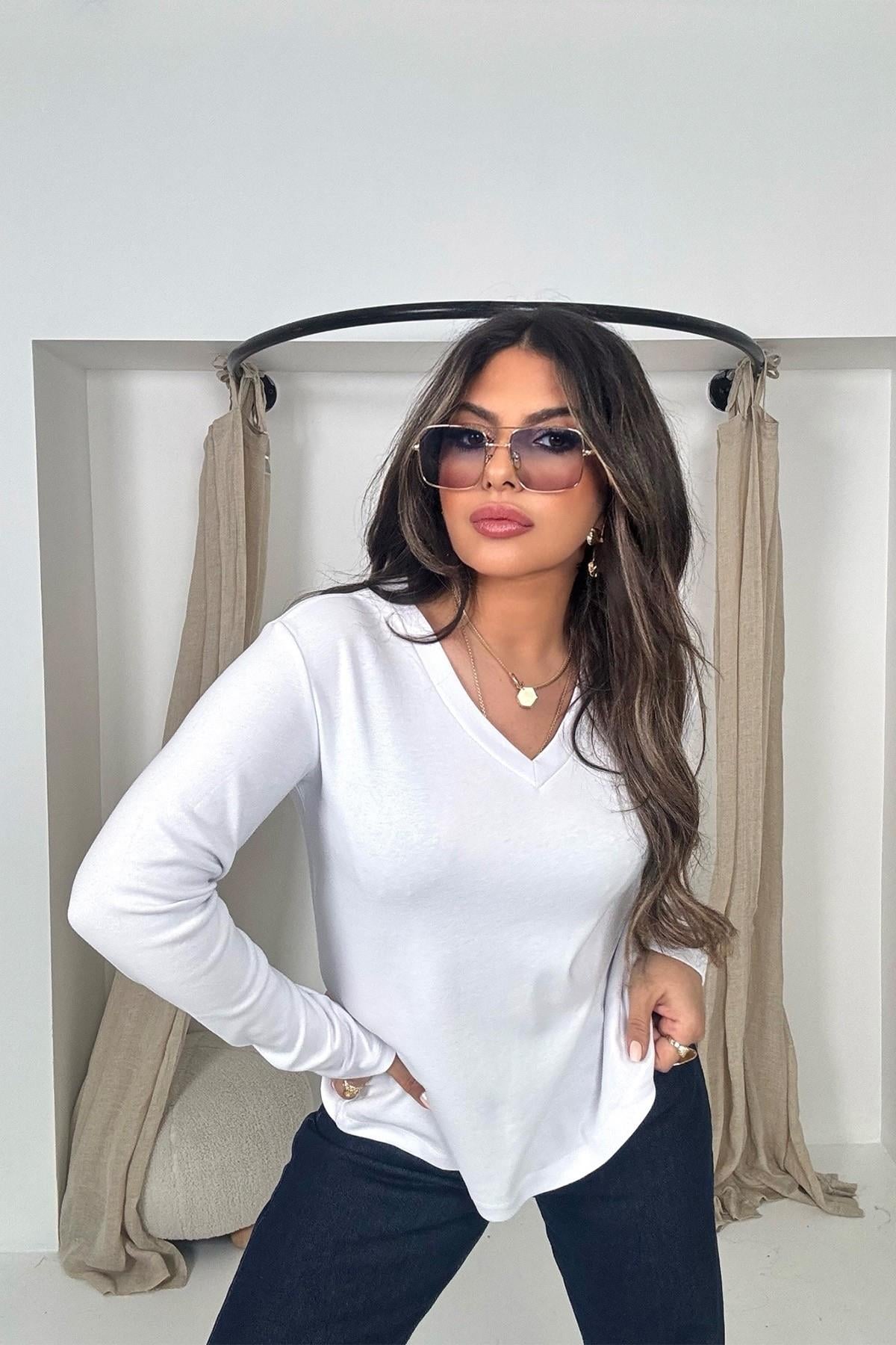 Massi Model V Yaka Uzun Kol Tshirt Beyaz