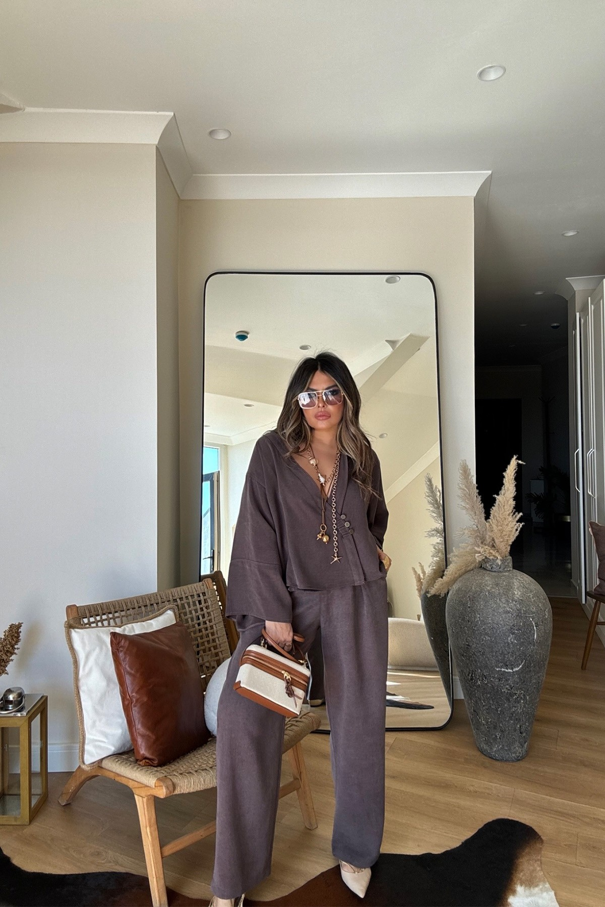 Massi Model Yıkamalı Kimono Model Takım Kahverengi