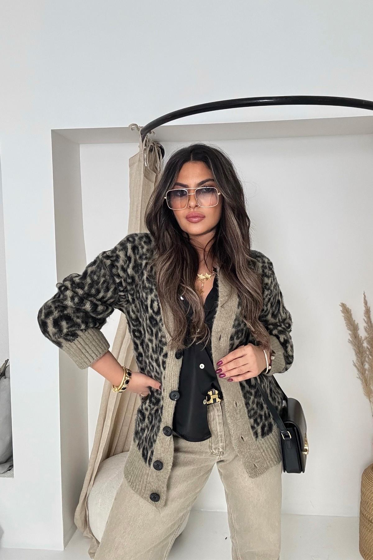 Massi tüylü Örme Leopar Hırka Leopar