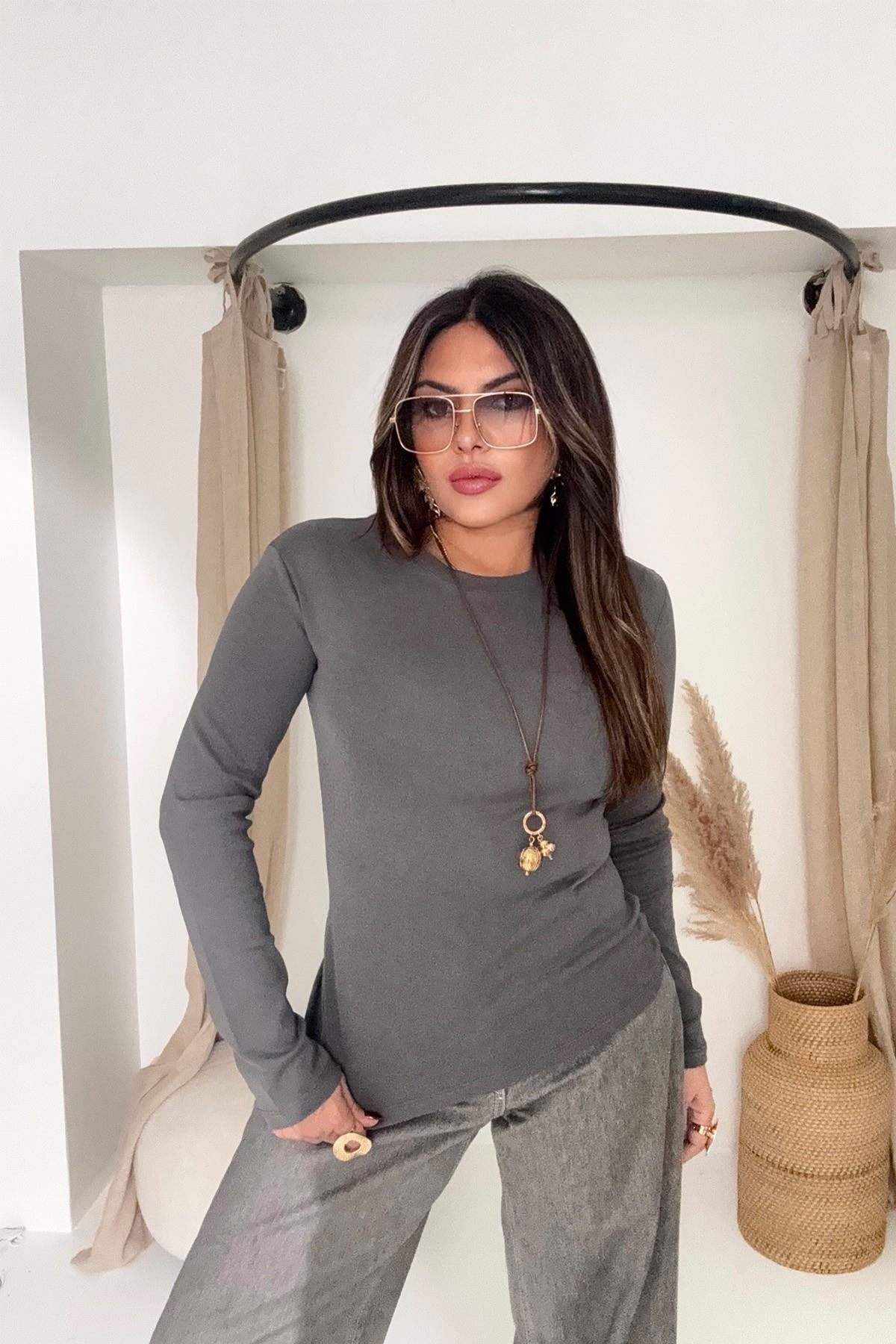 Massi Uzun Kol Pamuk Tshirt Füme