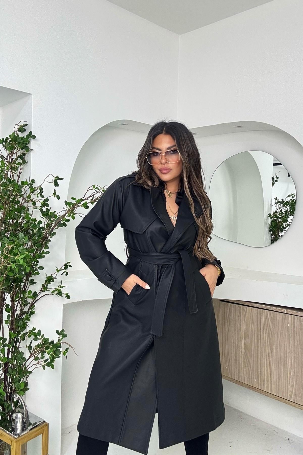 Mat Deri Trenchcoat Siyah