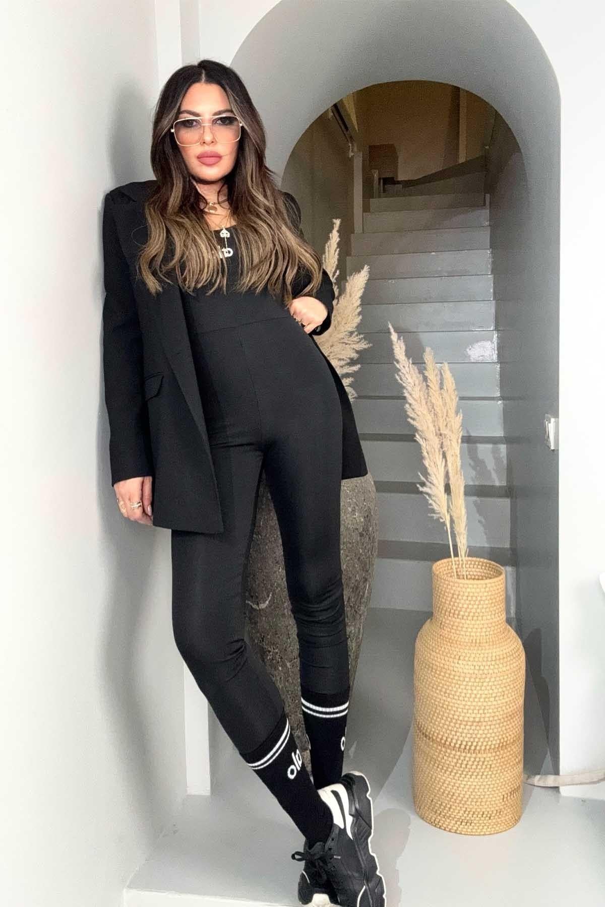 Mayo Kumaş Silikon Baskı Tulum Siyah