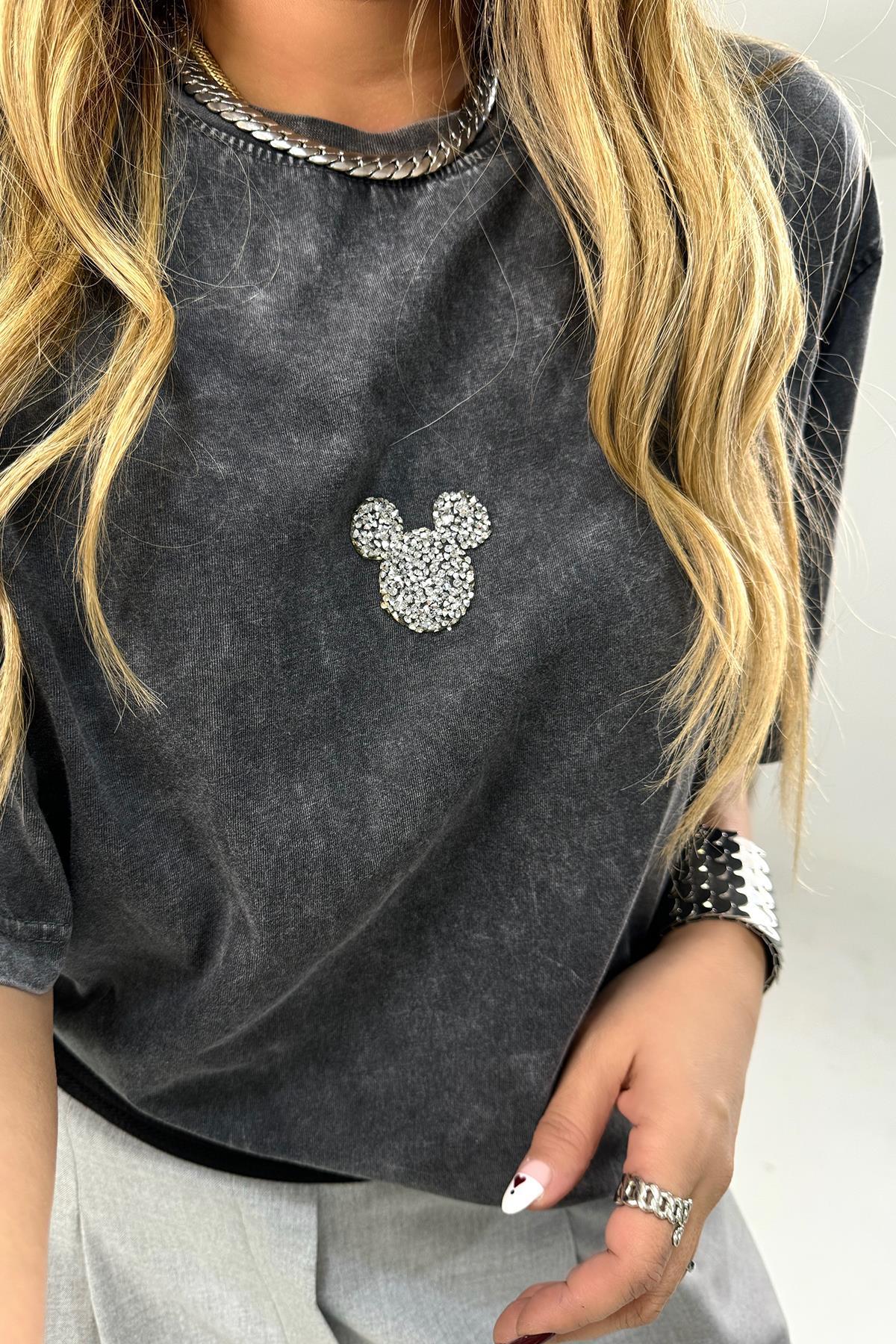 Mickey Taşlı Tshirt Gri