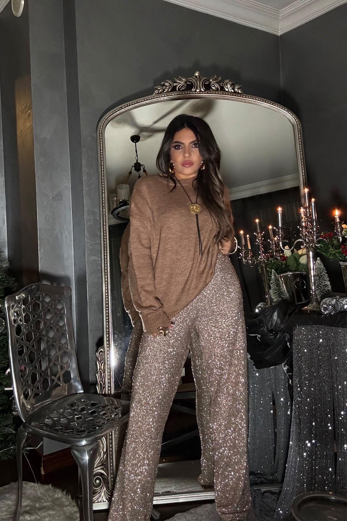 Micro Payet Ve Boncuklu Pantolon Gold