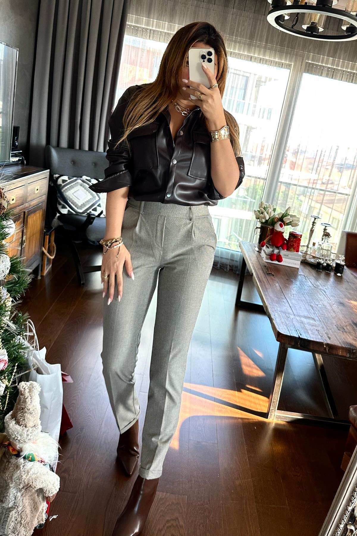 Mini Kazayağı Desen Slim Fit Pantolon Kahverengi-Krem