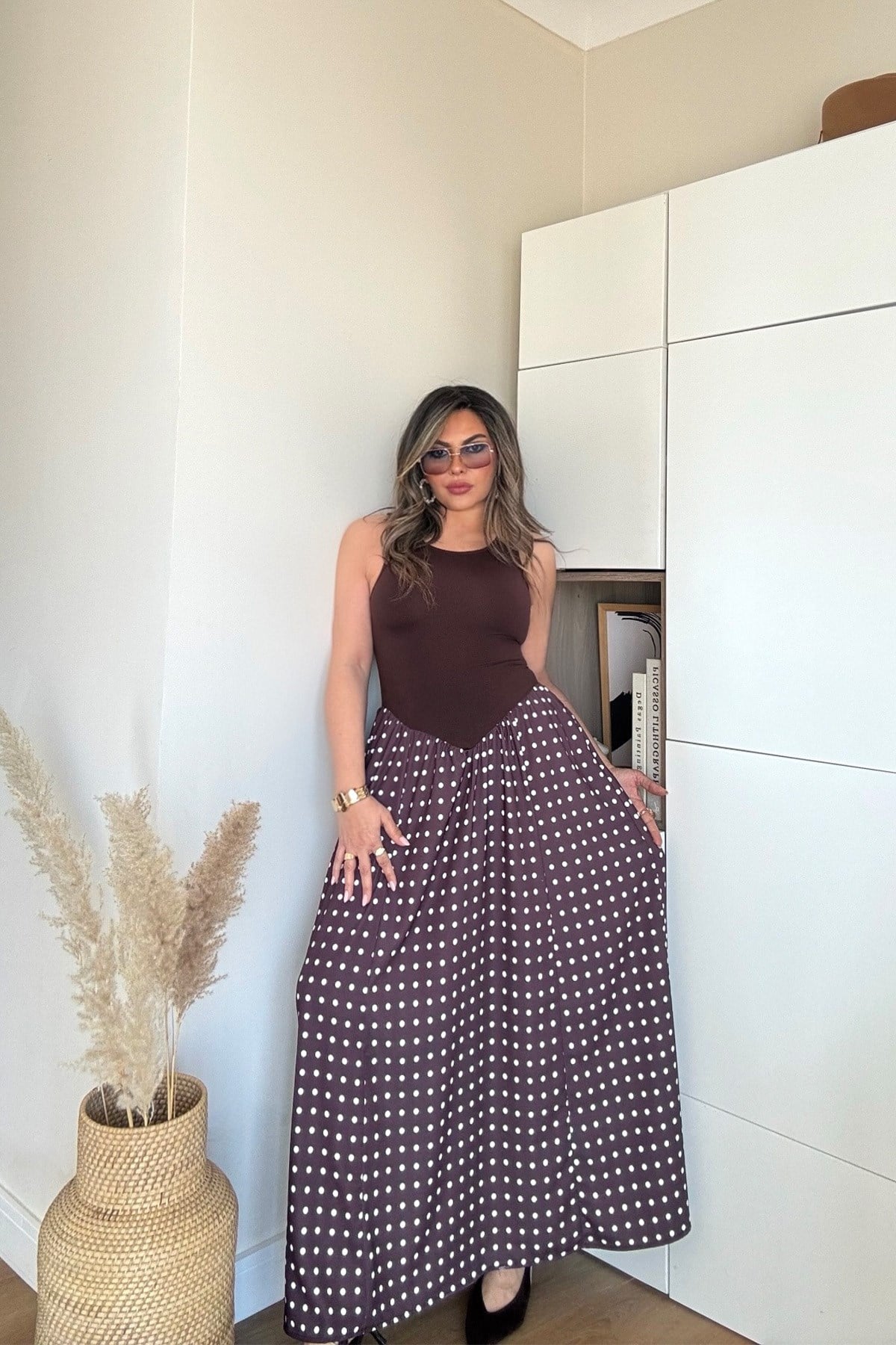 Modal Garnili Puantiyeli Elbise Acı Kahve