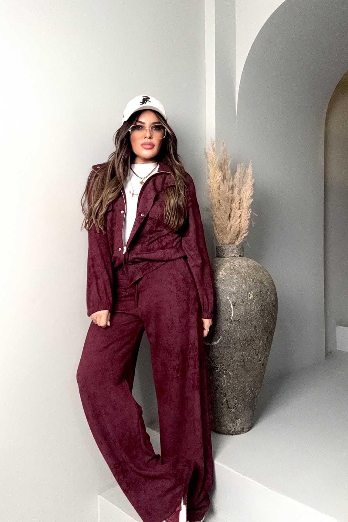 Modal Kumaş Güderi Efekt Eşofman Takım Bordo