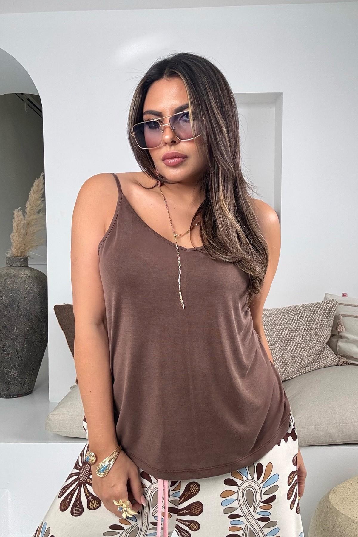 Modal Kumaş İnce Askılı Atlet Kahve