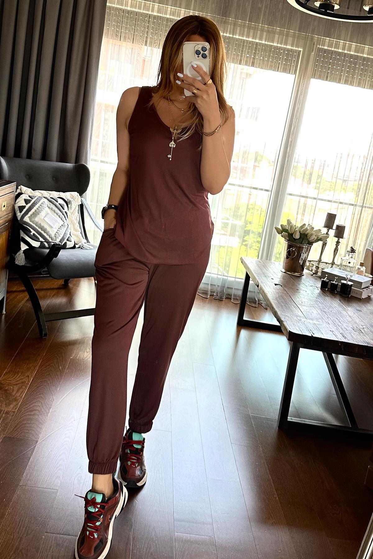 Modal Kumaş Jogger Pantolon Kızıl Kahve