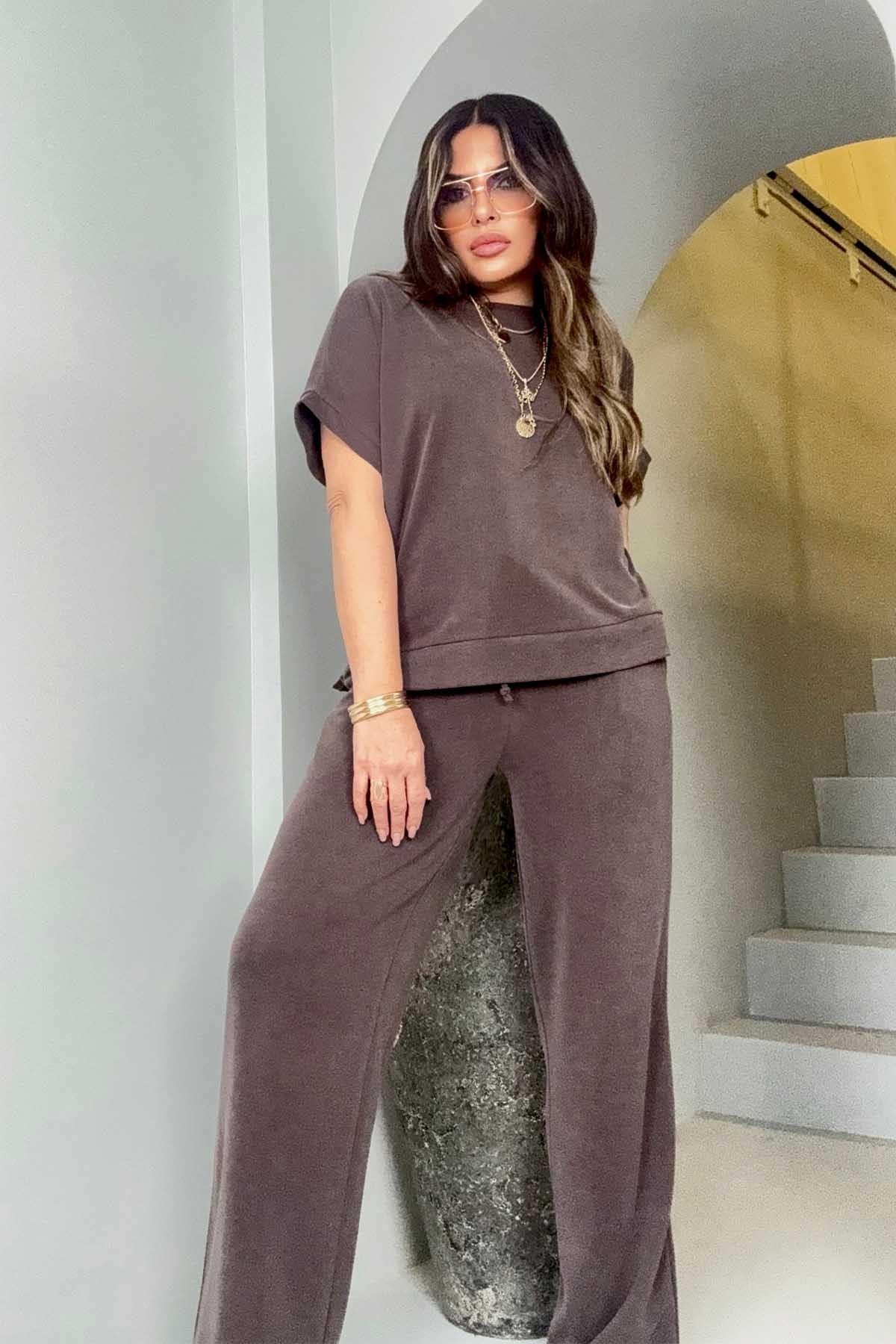 Modal Kumaş Kısa Kollu Takım Acı Kahve
