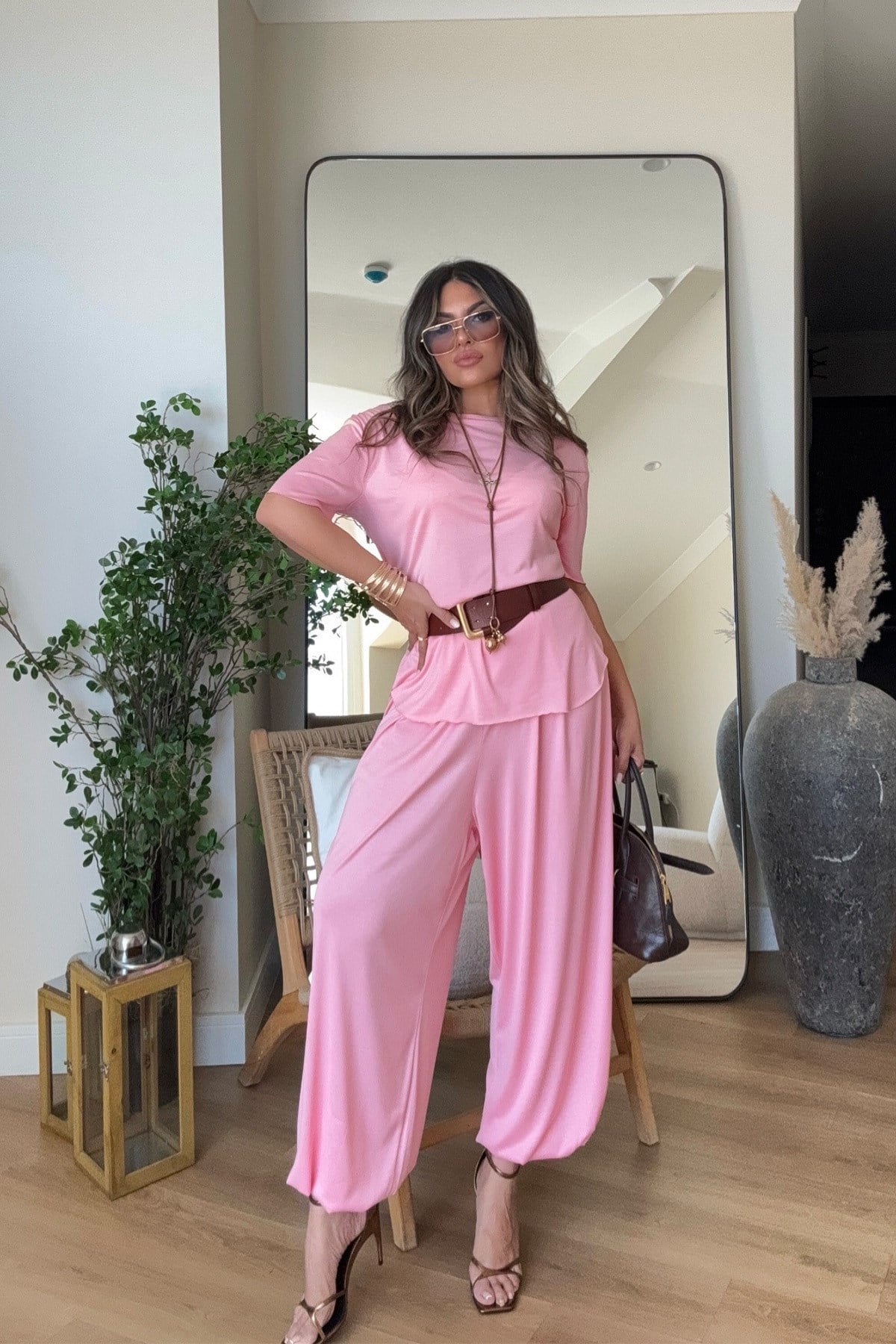 Modal Kumaş Şalvar Pantolonlu Takım Pembe