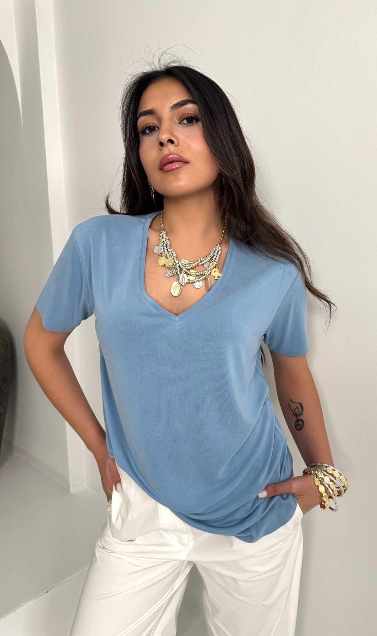 Modal Kumaş V Yaka Tshirt Mavi