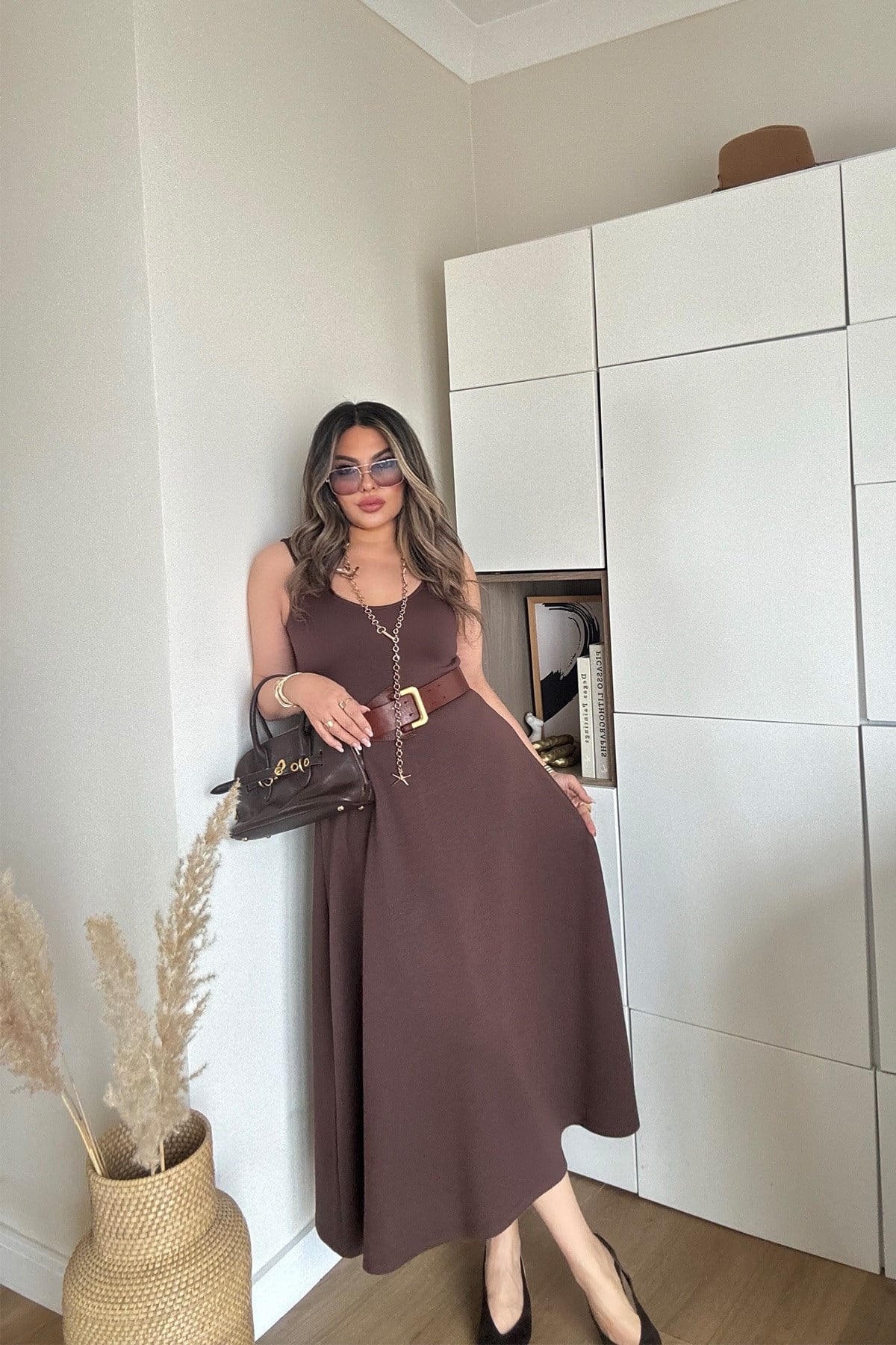 Modal Lastikli Askılı Elbise Kahve