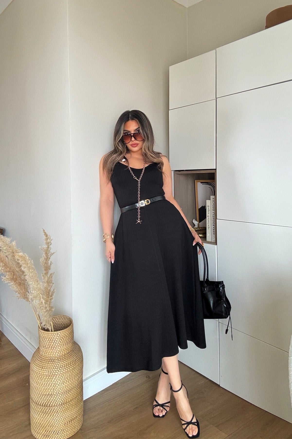 Modal Lastikli Askılı Elbise Siyah