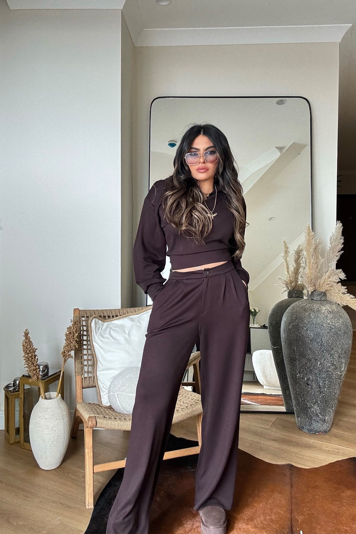 Modal Palazzo Pantolonlu Bluz Takım Kahve