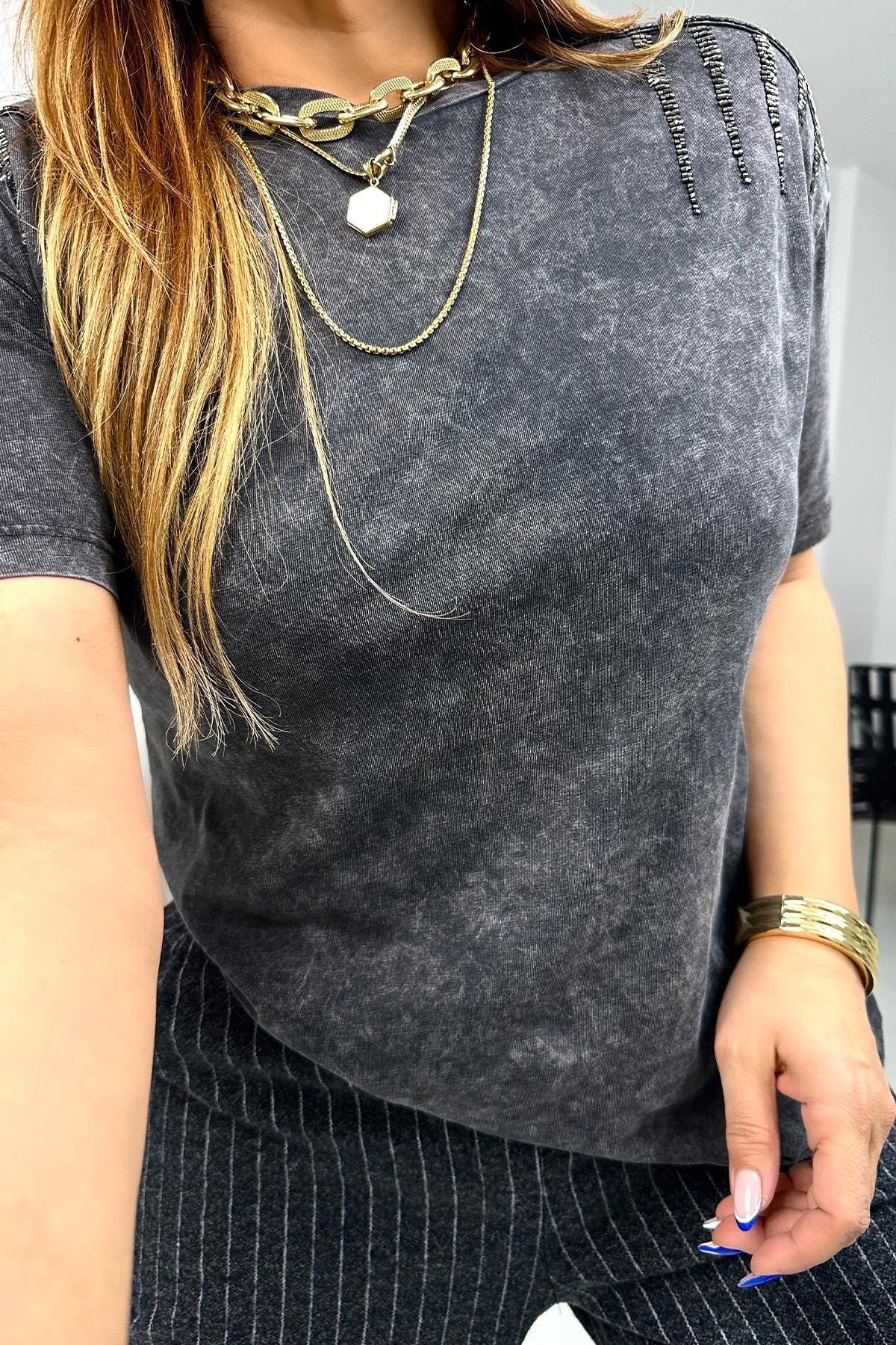 Omuz Boncuklu Yıkamalı Tshirt Gri