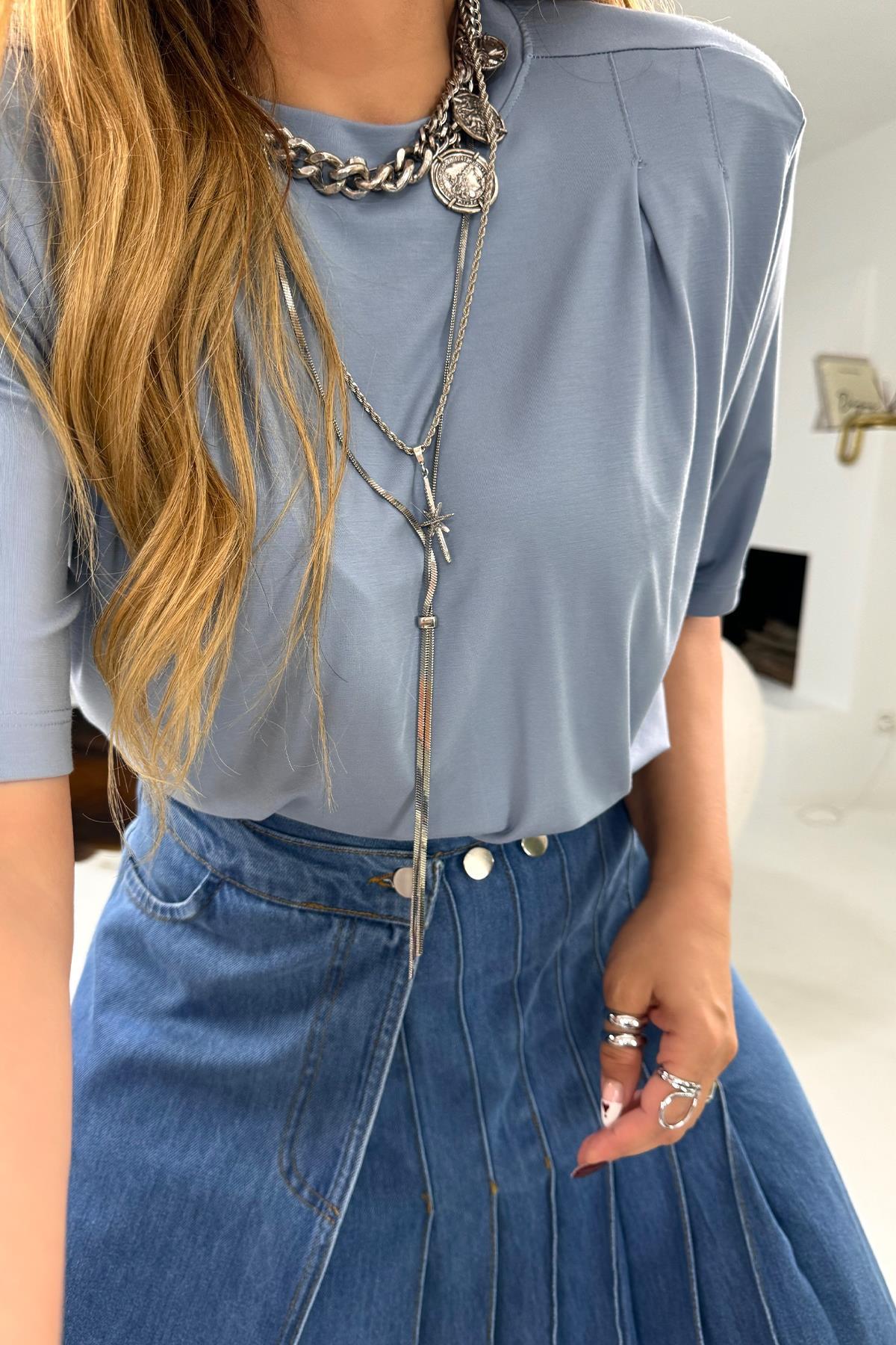 Omuz Pile Detaylı Modal Kumaş Tshirt Gök Mavi