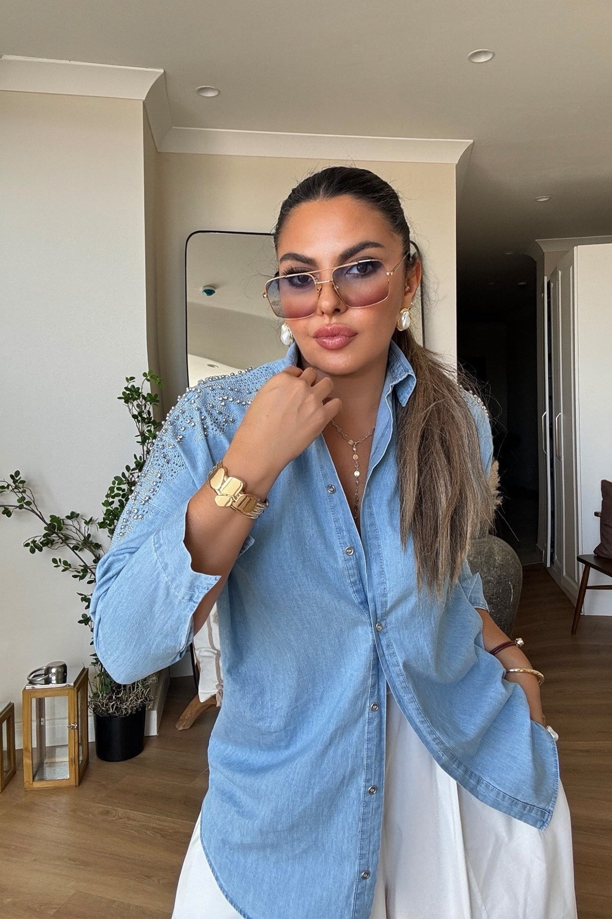 Omuzu Taşlı Tencel Denim Gömlek Açık Mavi