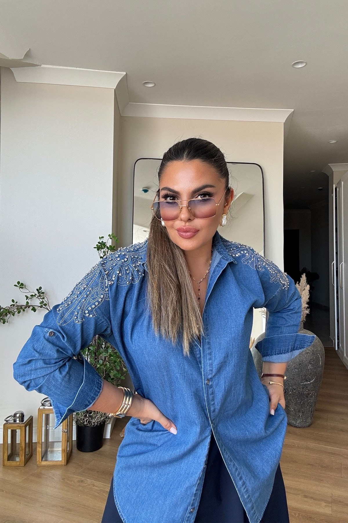 Omuzu Taşlı Tencel Denim Gömlek mavi