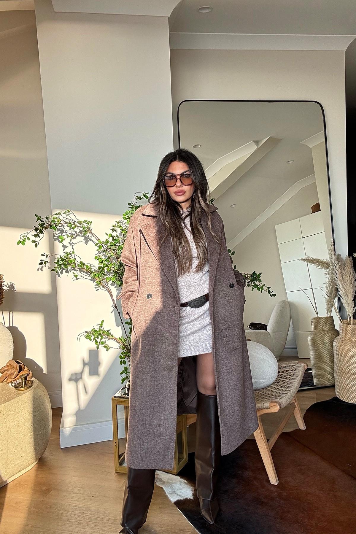 Oversize Kaşe Kaban Kahve