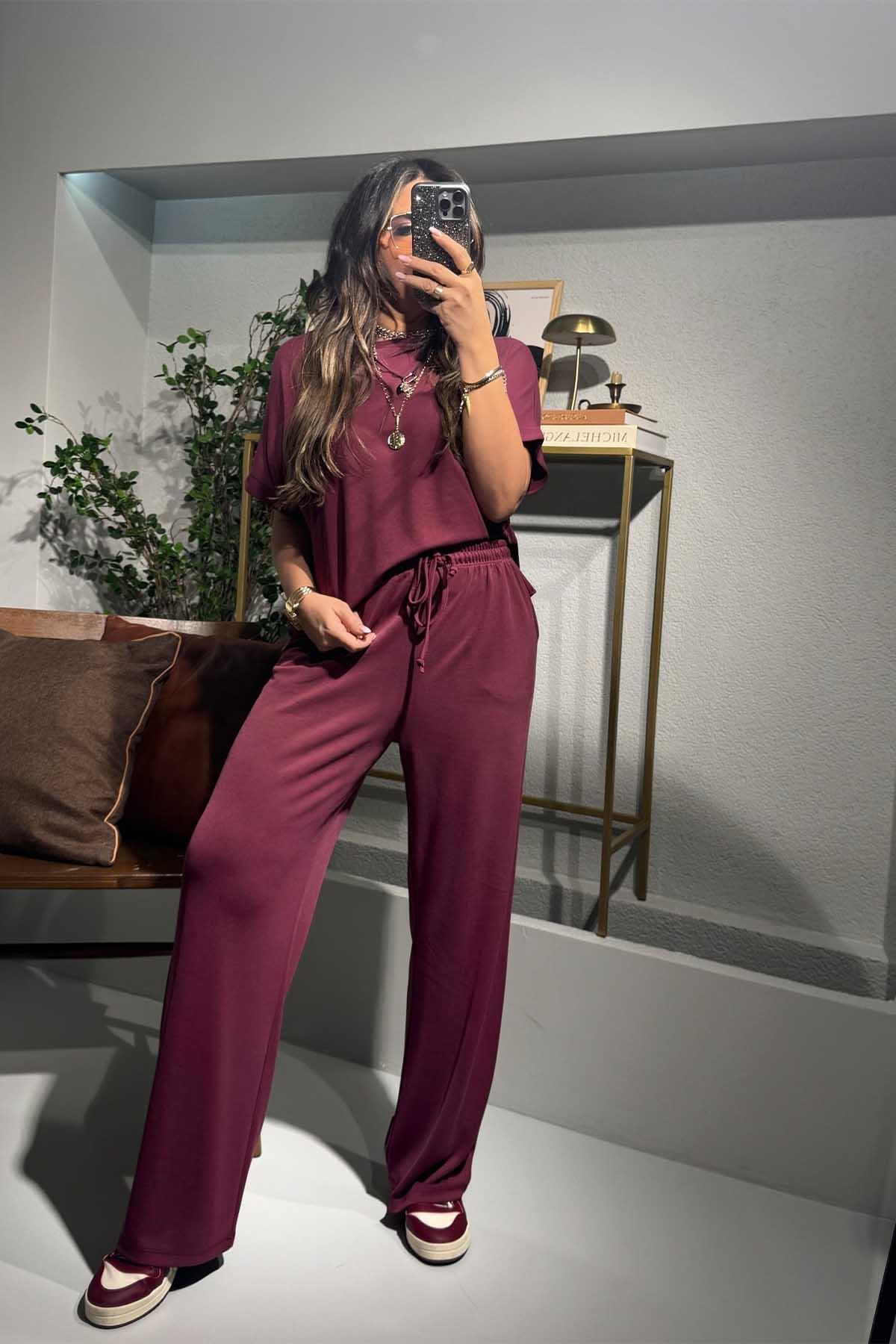 Oysh Kumaş Kısa Kollu Takım Bordo