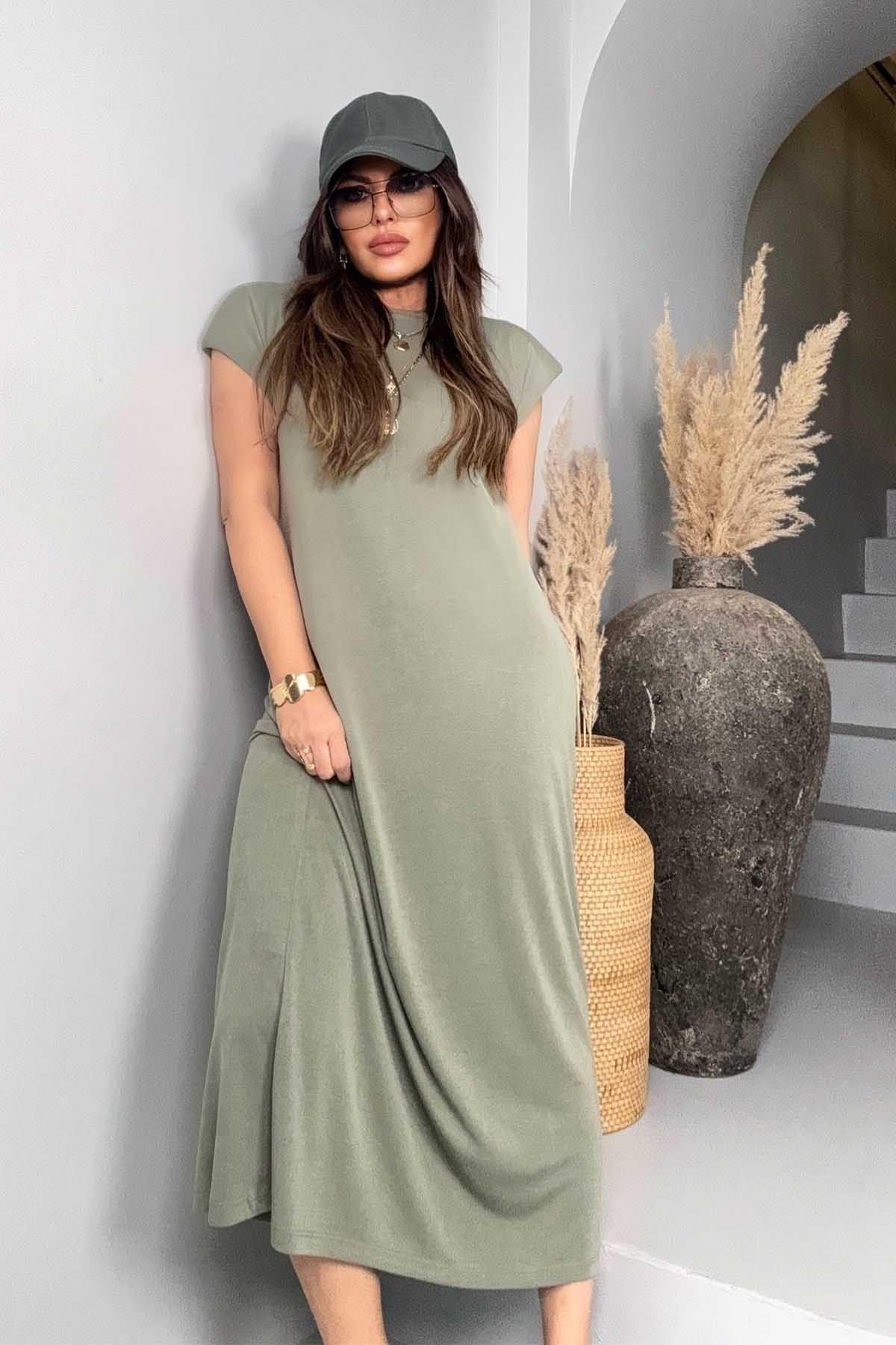 Oysh Model Vatkalı Midi Elbise Haki