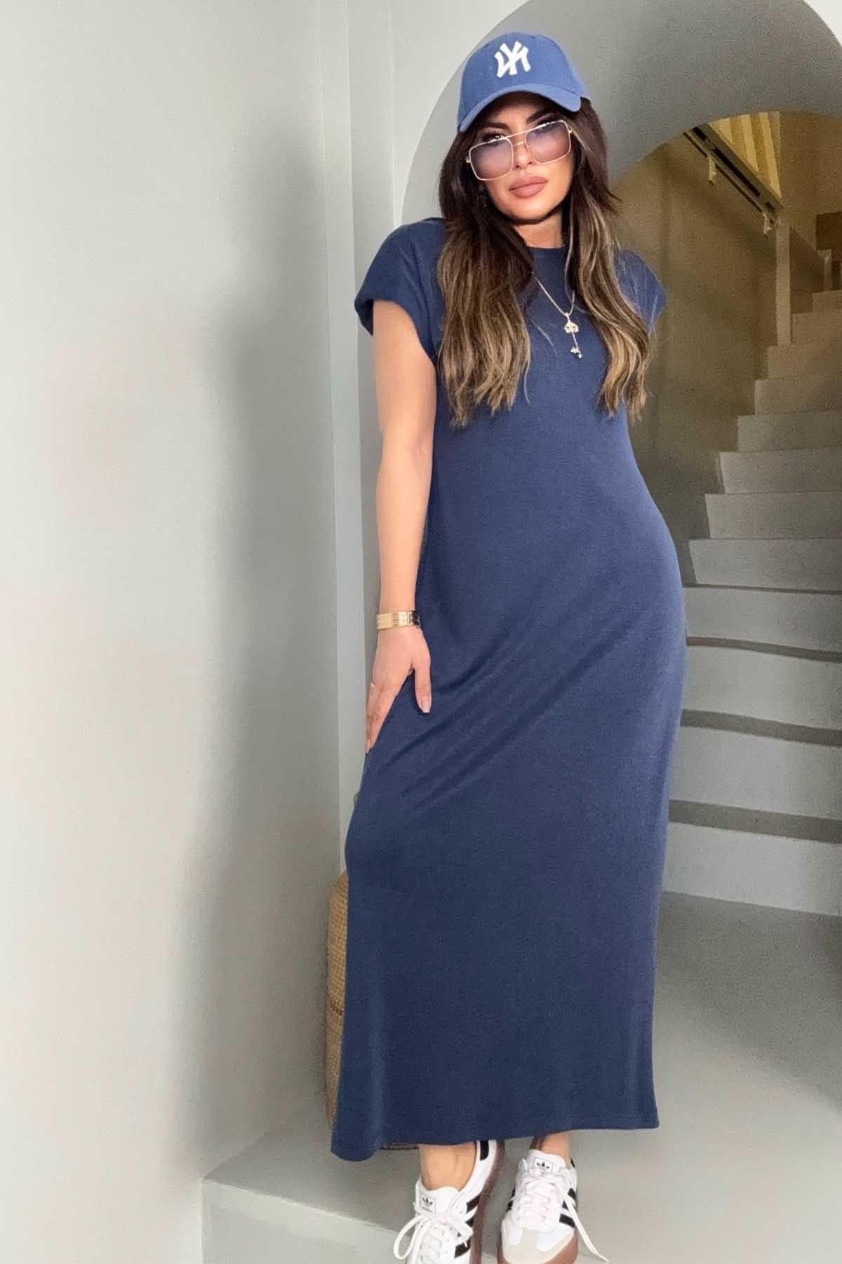 Oysh Model Vatkalı Midi Elbise İndigo Mavi
