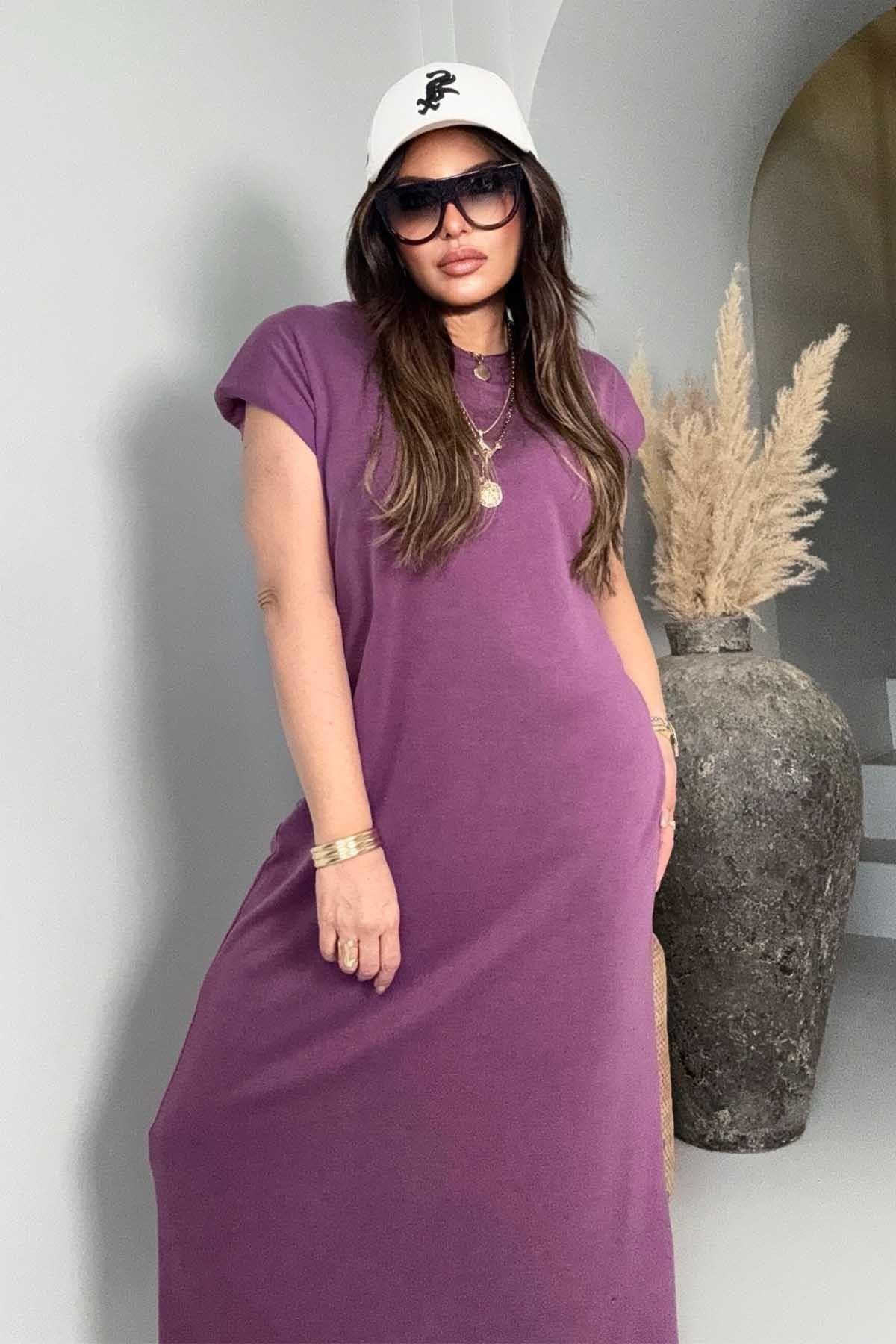 Oysh Model Vatkalı Midi Elbise Mürdüm