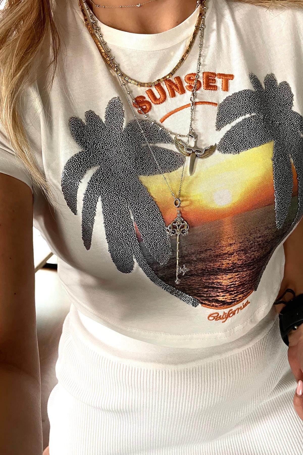 Palmiye Micro Gümüş Boncuklu Crop Tshirt Ekru