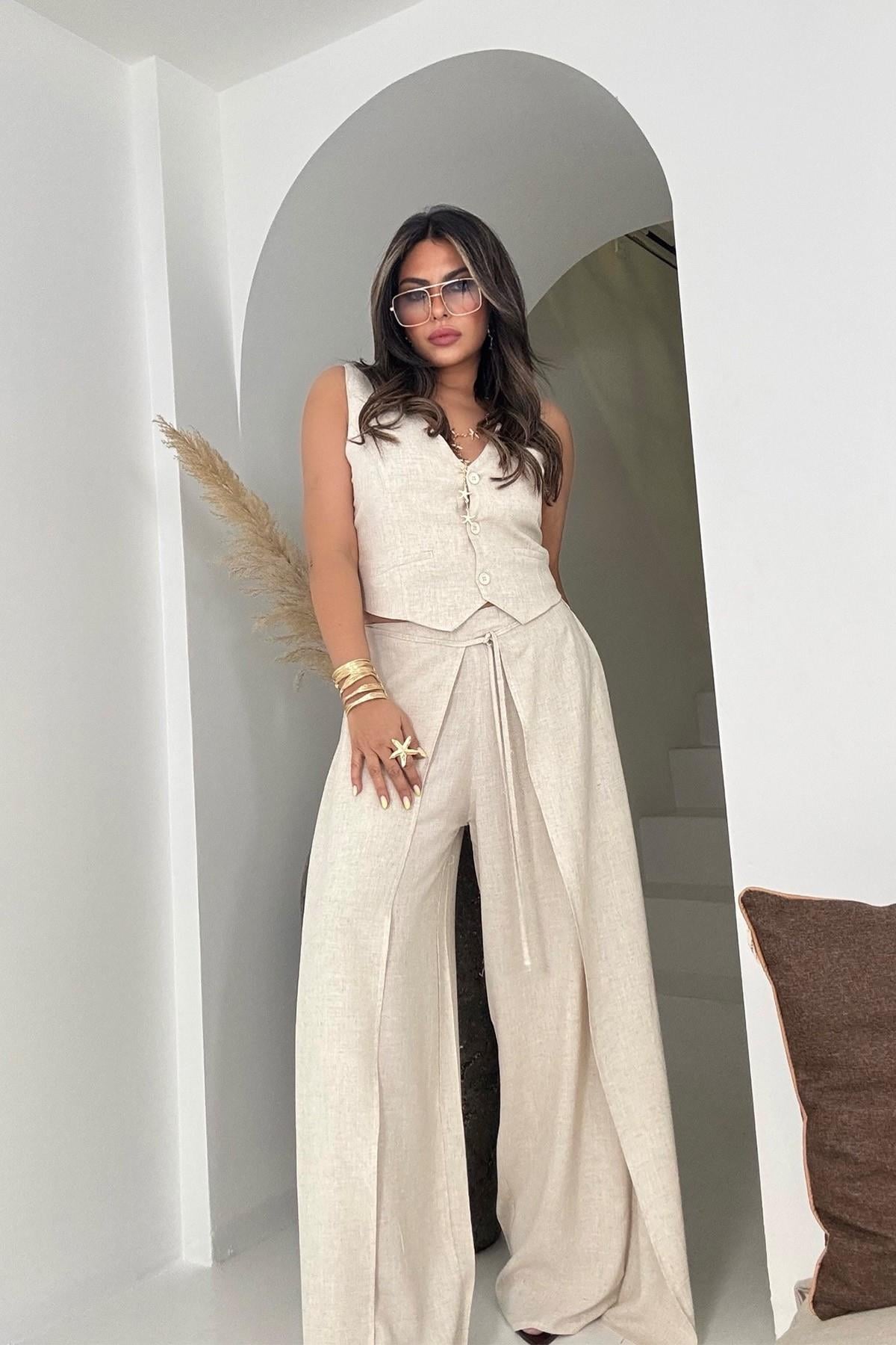 Pamuk Keten Yelek & Wrap Pantolon Takım Bej