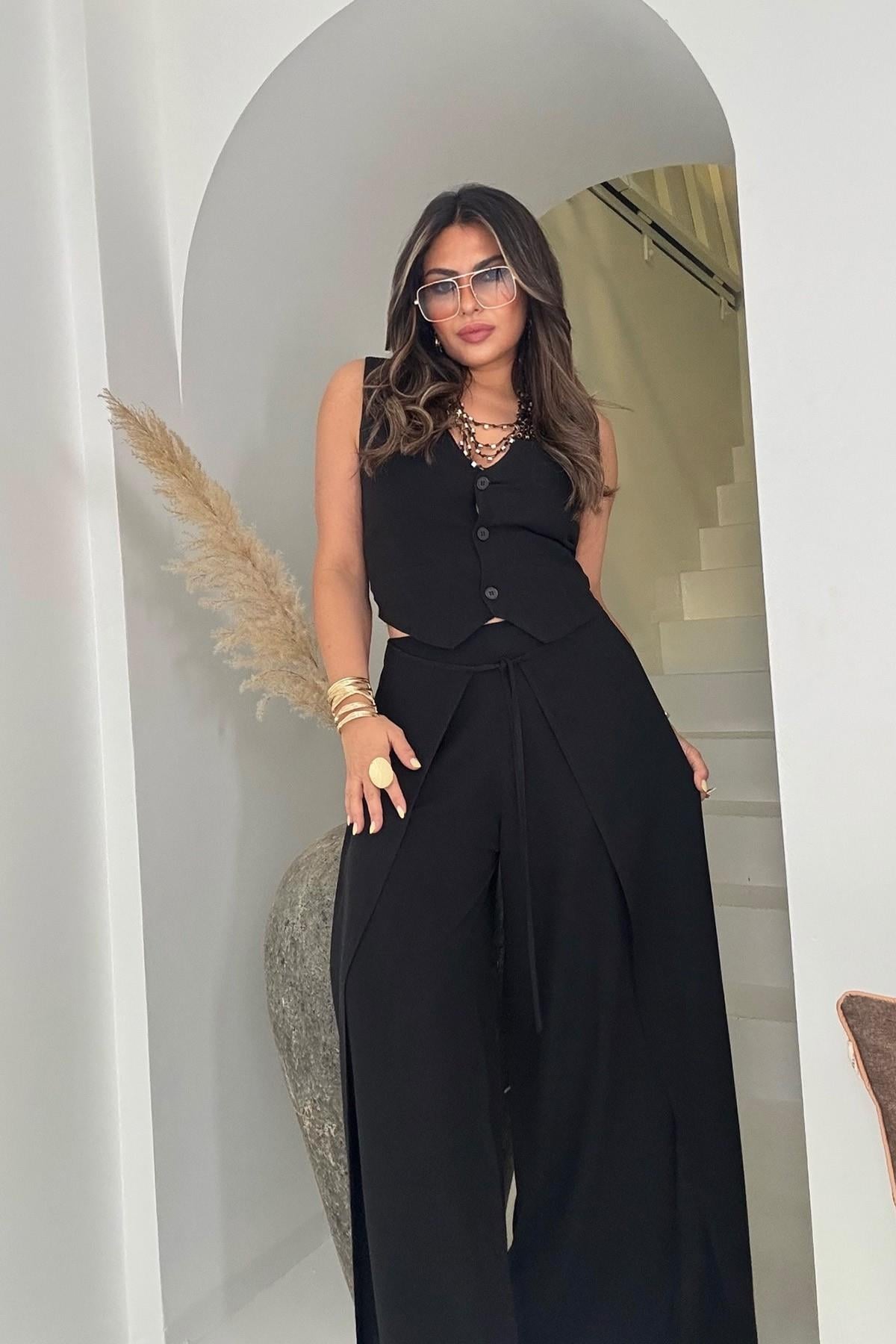 Pamuk Keten Yelek & Wrap Pantolon Takım Siyah