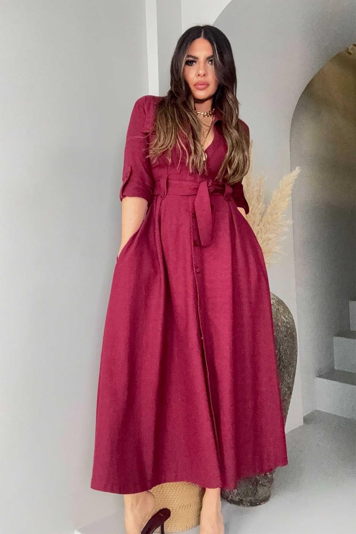 Pamuk Kuşaklı Gömlek Elbise Bordo