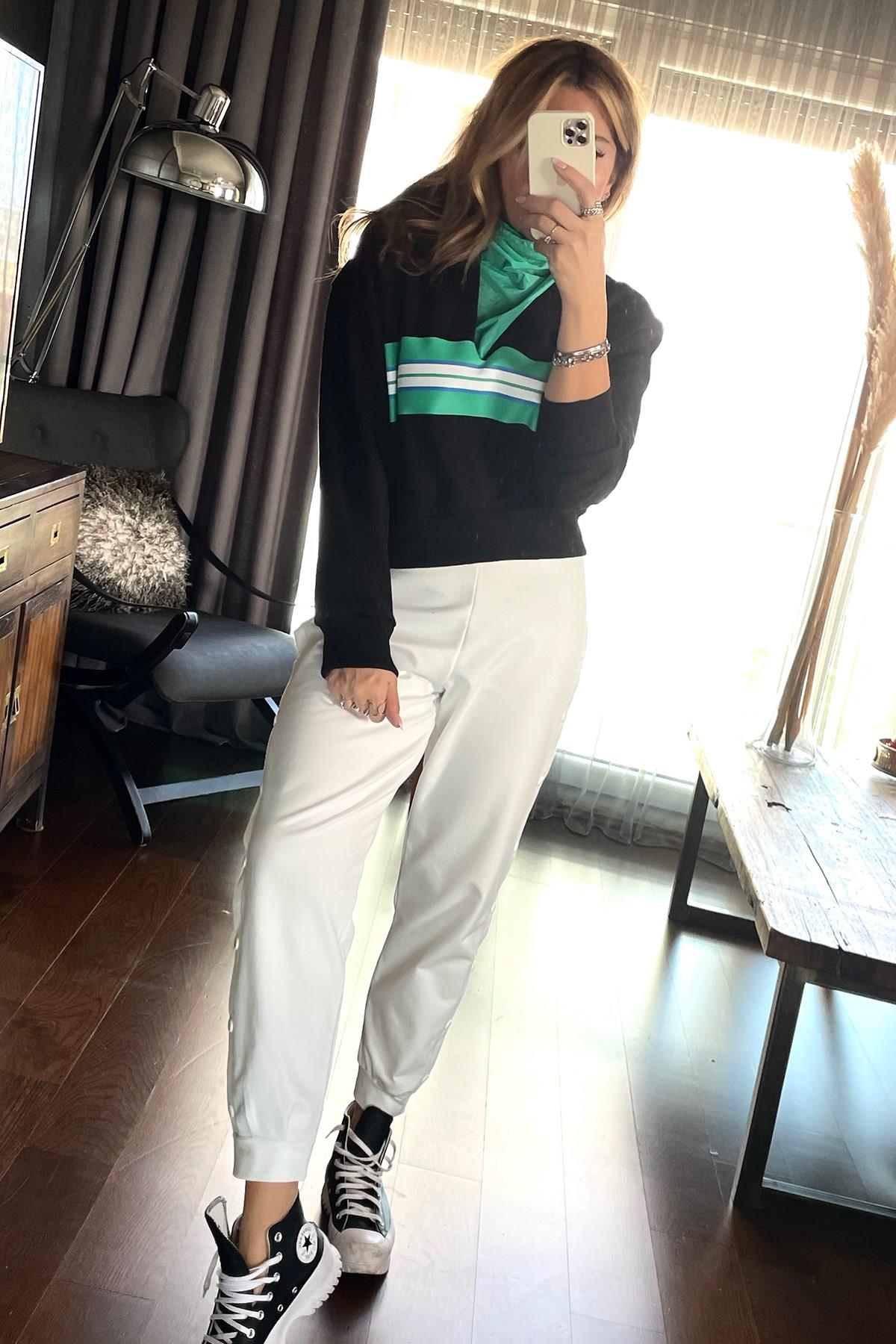 Paraşüt Kumaş Garnili Crop Sweat Yeşil