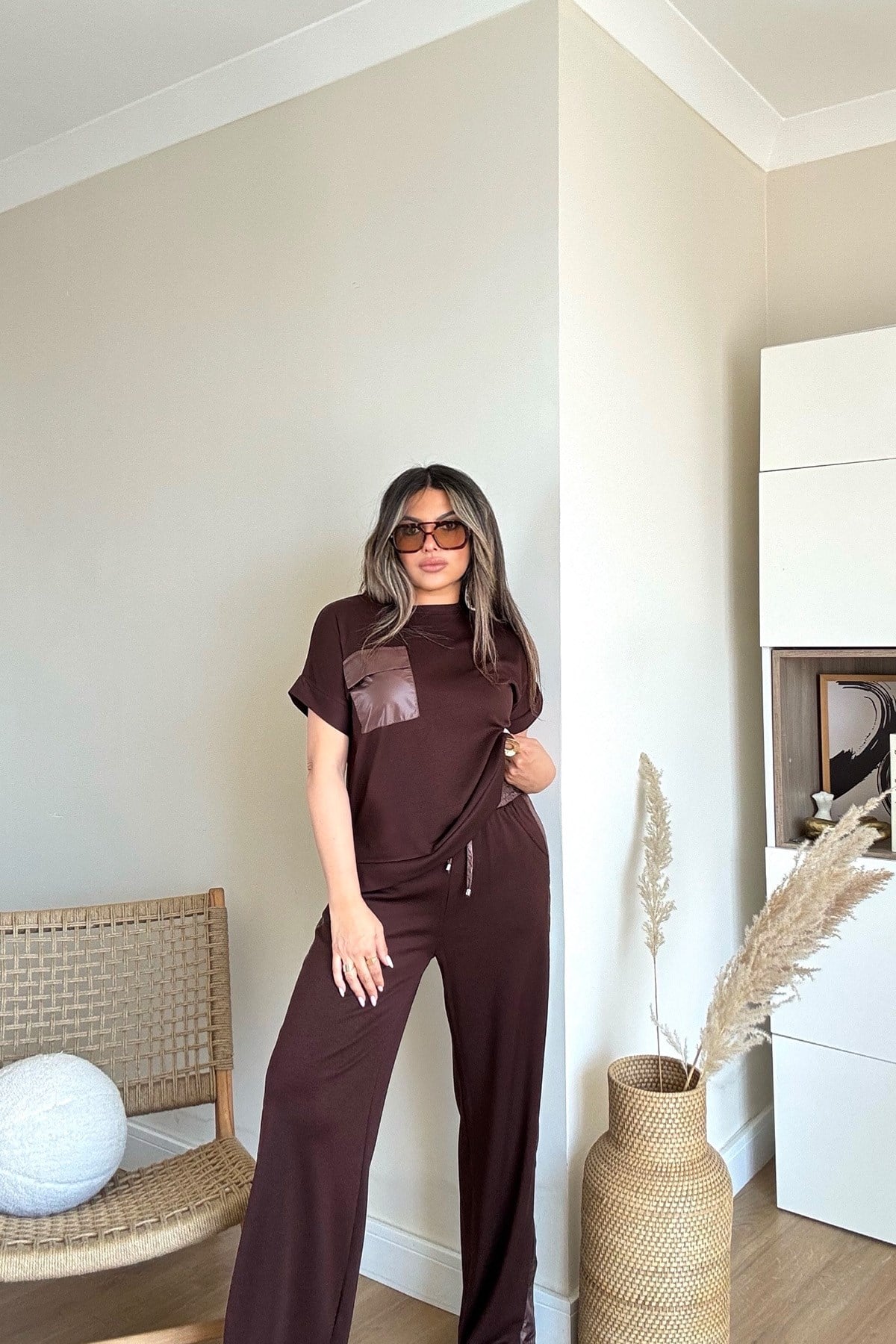 Paraşüt Kumaş Garnili Modal Takım Kahve