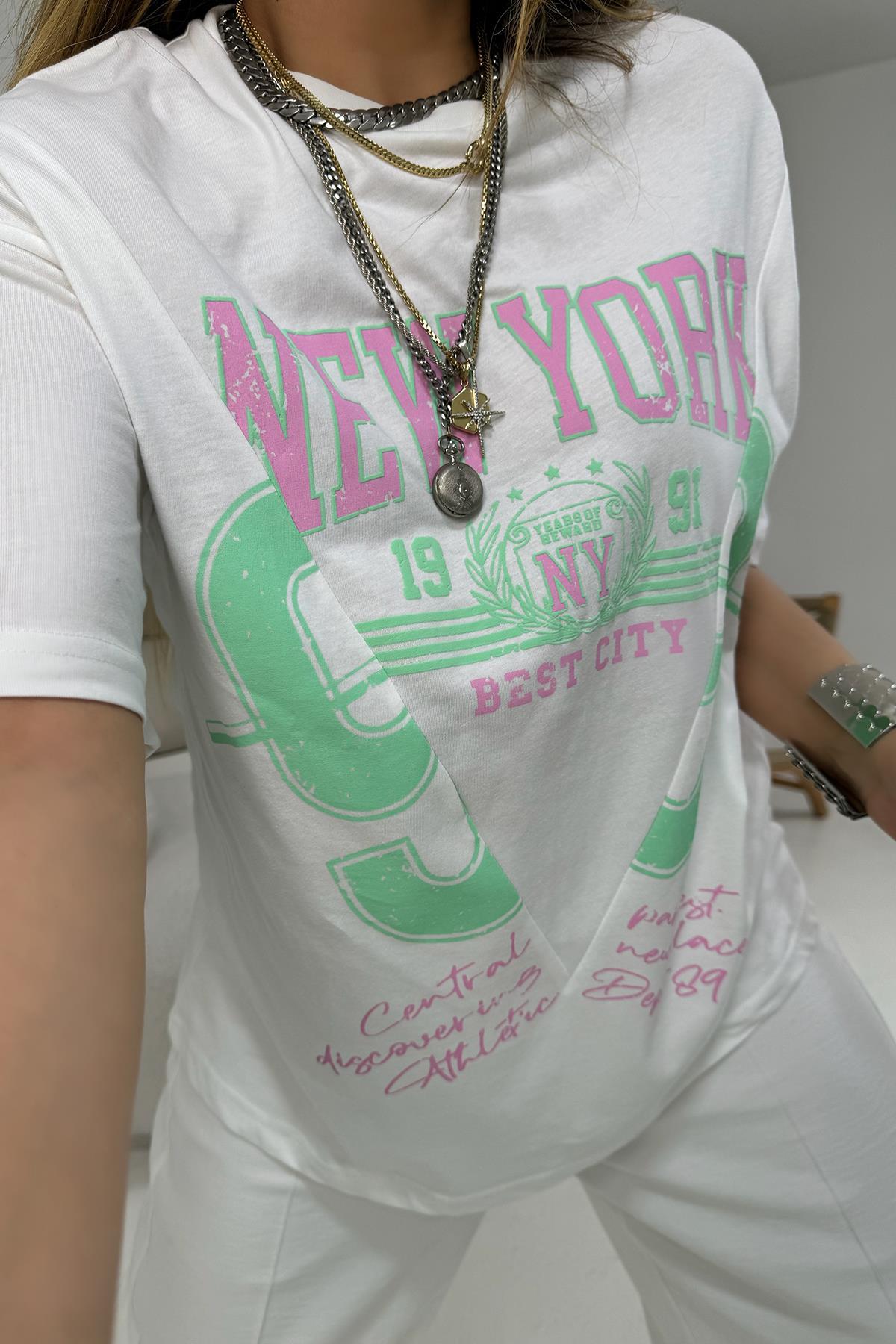 Patchwork Baskılı New York Tshirt Ekru
