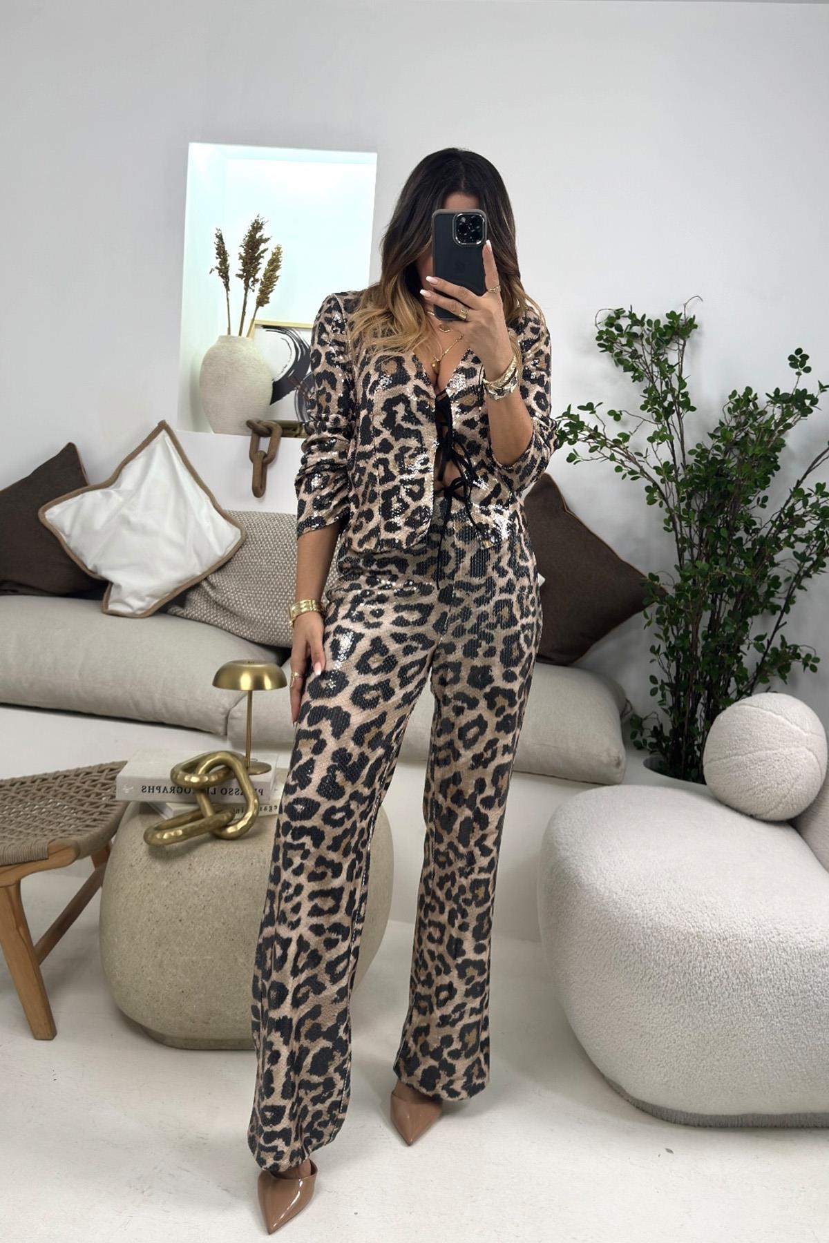 Payet Desenli Bol Paça Pantolon Leopar
