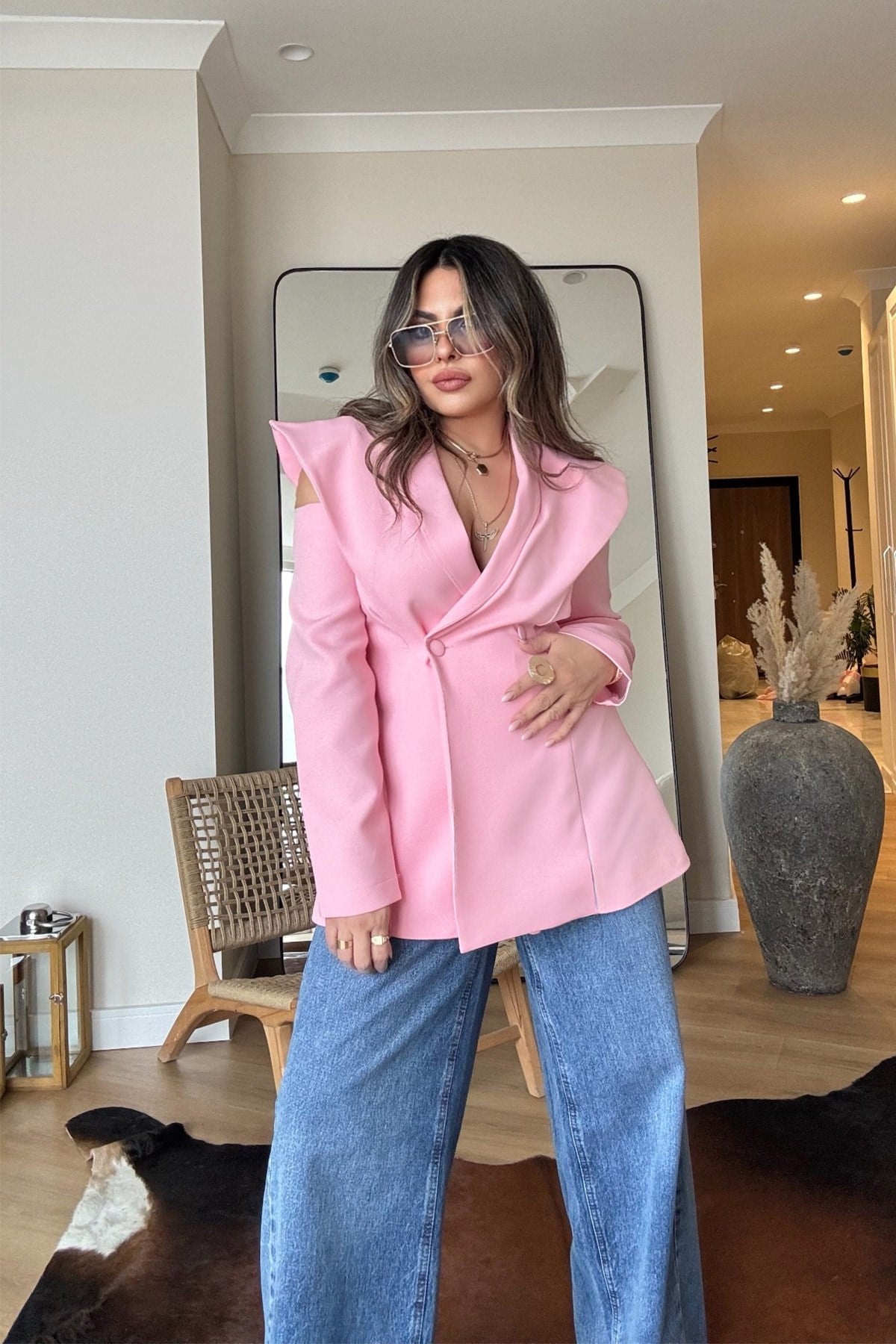 Pencereli Omuz Detay Blazer Ceket şeker pembe