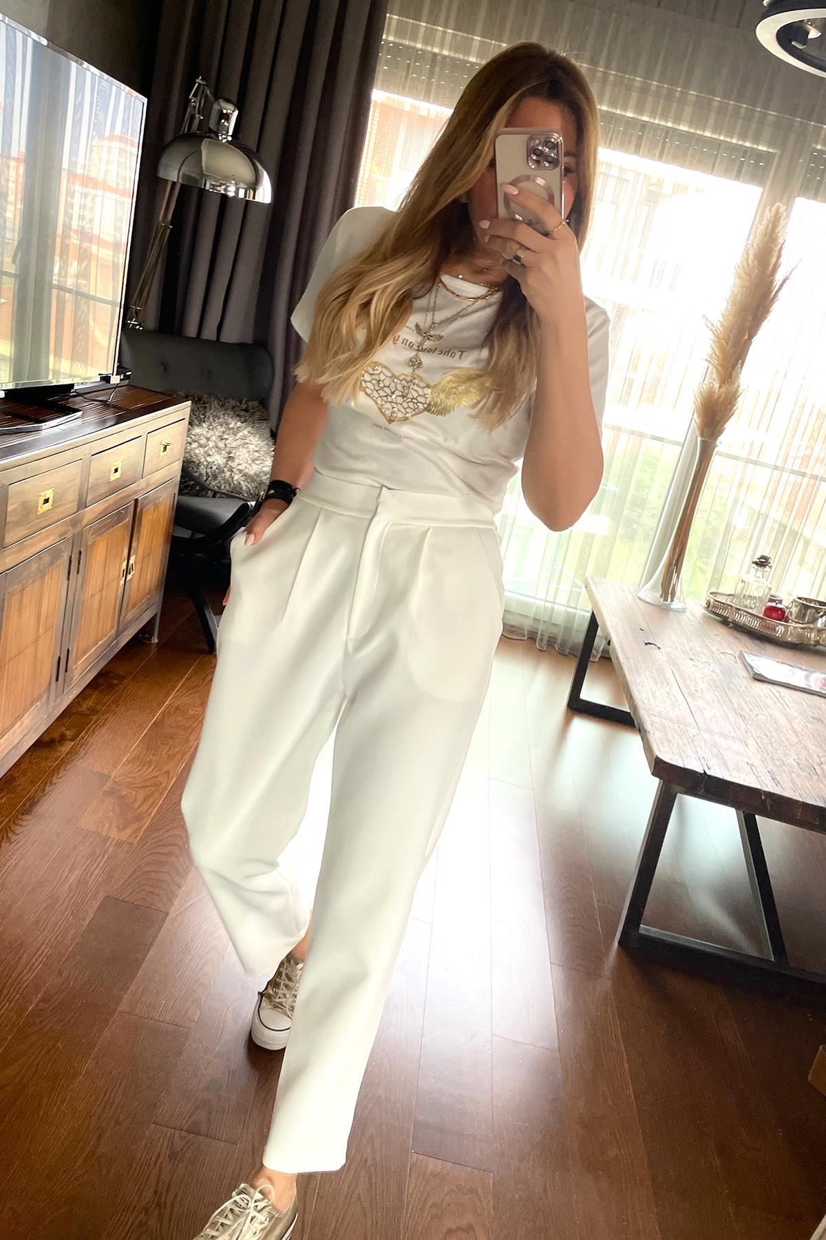 Pens Detaylı Pantolon Ekru