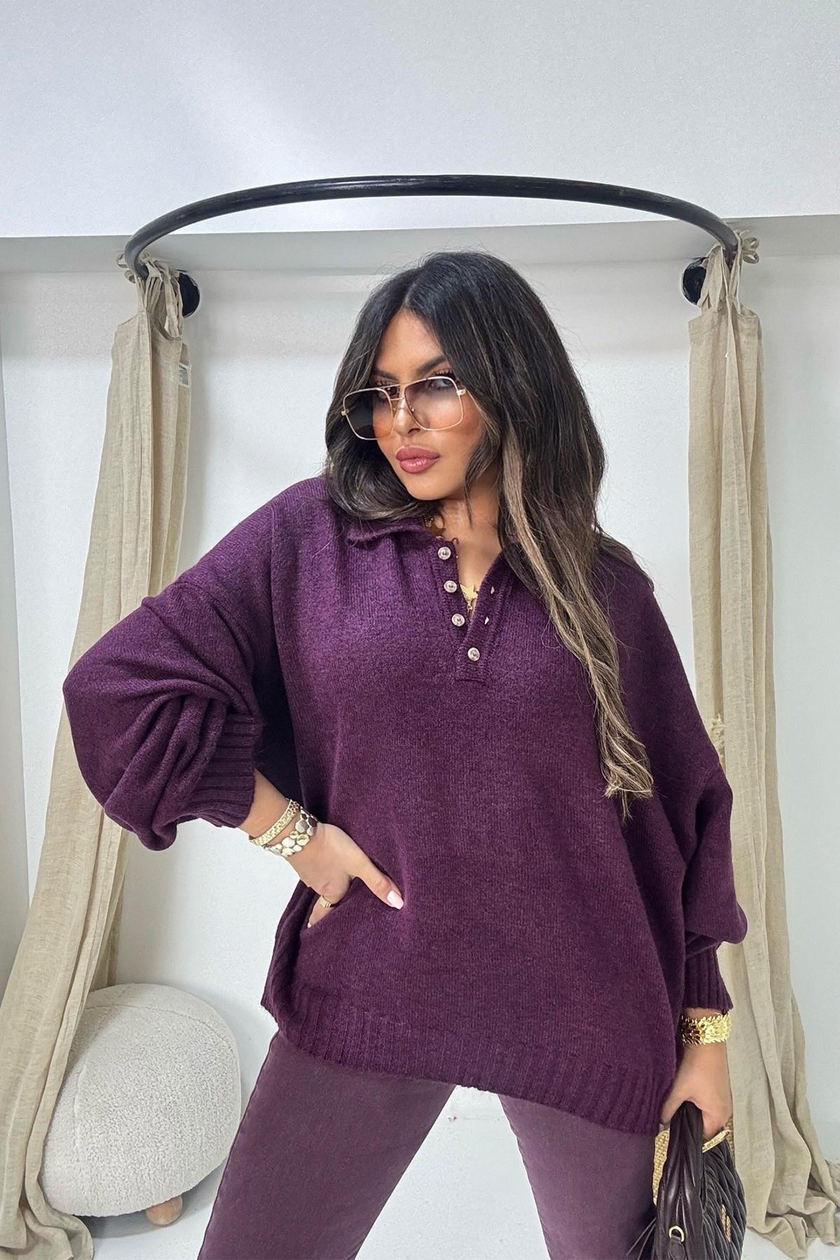 Polo Yaka Düğmeli Yumoş Kazak Mürdüm