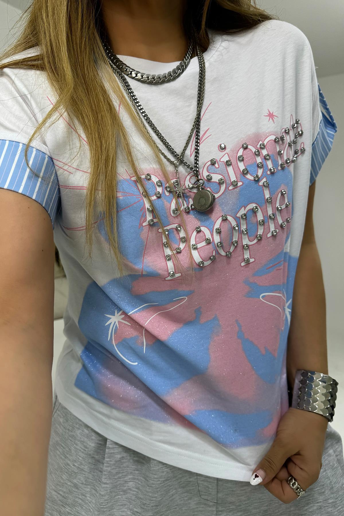 Poplin Apoletli Taşlı Tshirt Ekru