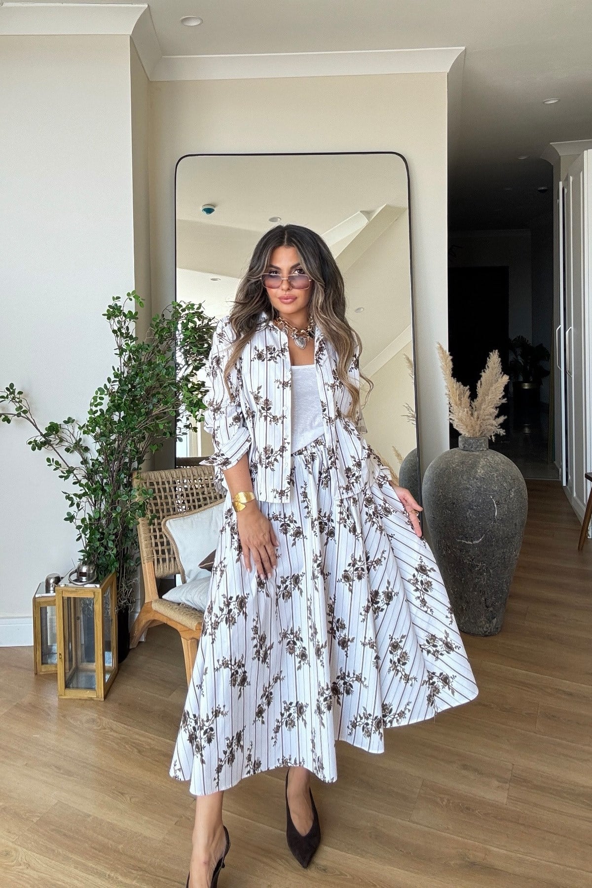 Poplin Çizgili Ve Çiçekli Etek Takım Kahve-Beyaz