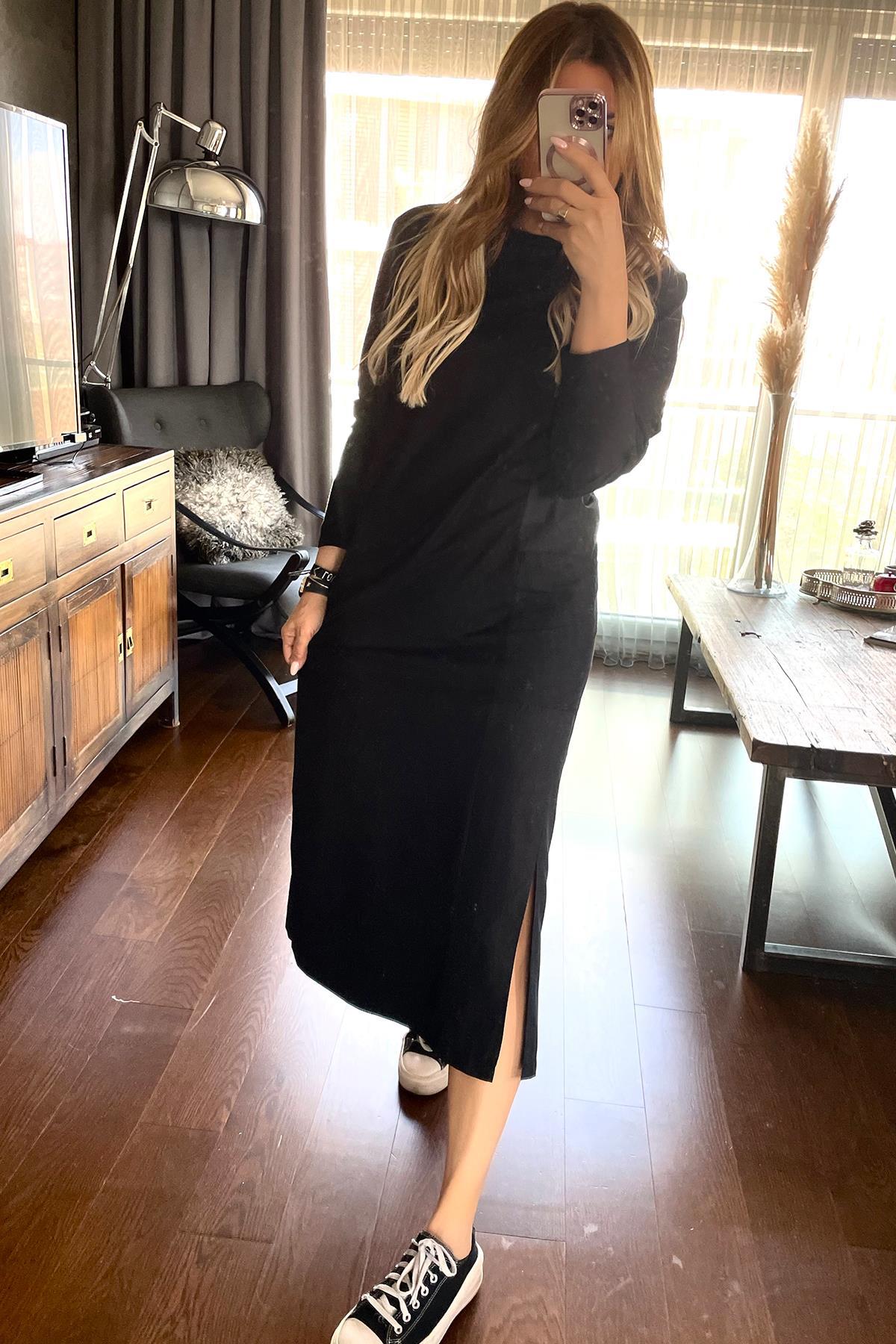 Poplin Garnili Cep Detaylı Sweat Elbise Siyah